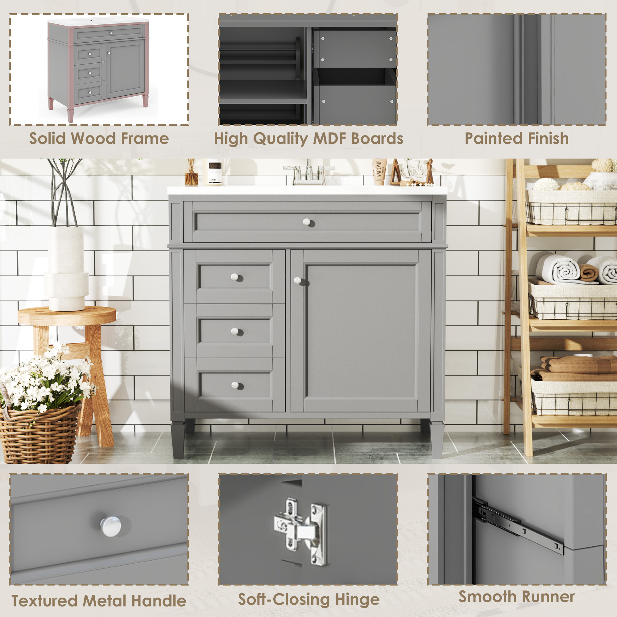 36" Freestanding Bathroom Vanity in Grey with 2 Drawers and a Tip-out Drawer