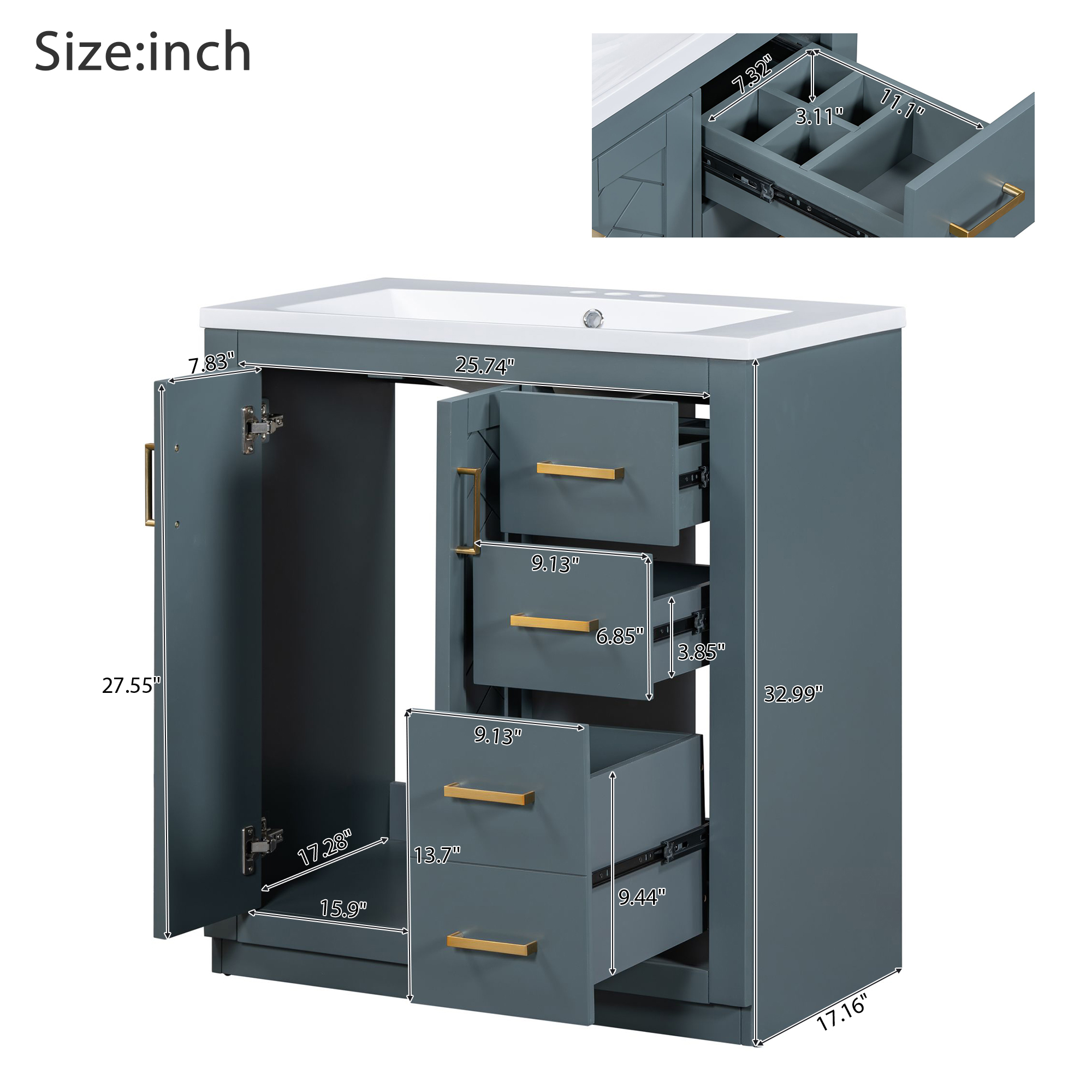 30"/36" Freestanding Bathroom Vanity with Ceramic Sink Combo, 3 Drawers & Soft Closing Doors