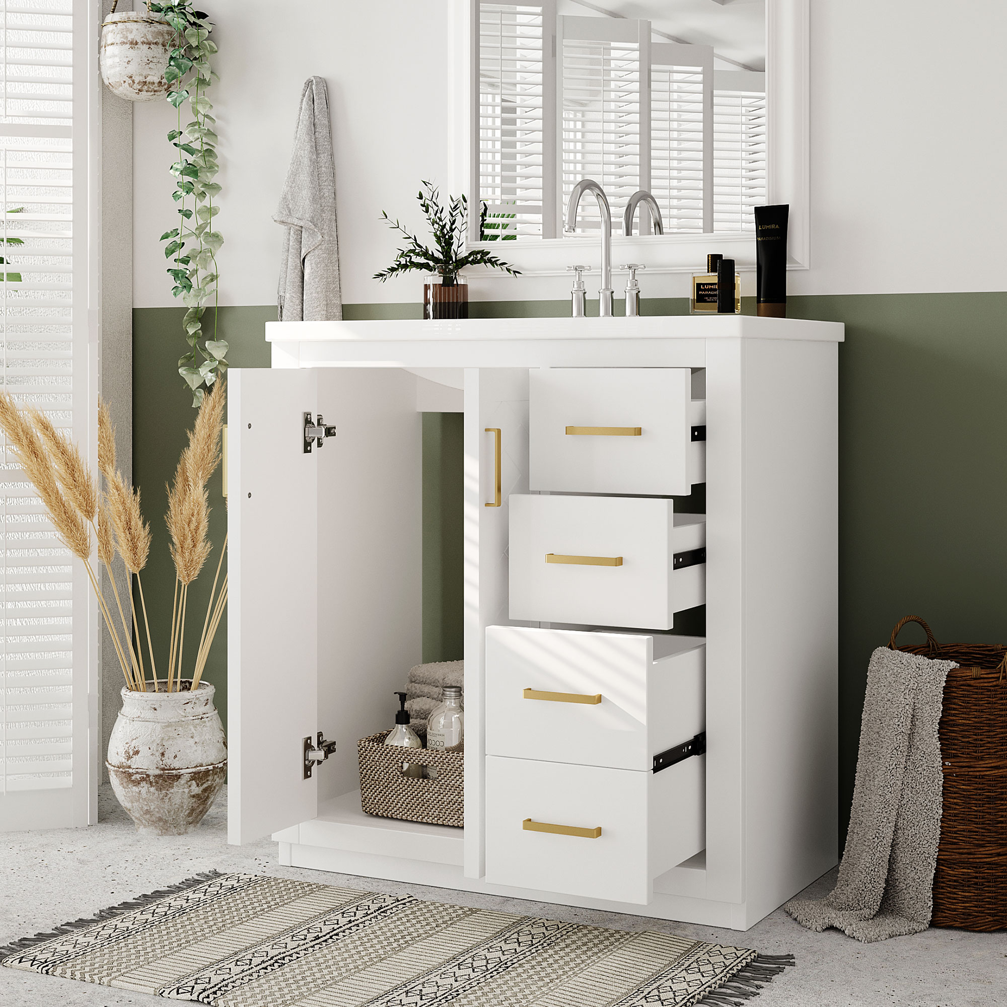 30"/36" Freestanding Bathroom Vanity with Ceramic Sink Combo, 3 Drawers & Soft Closing Doors