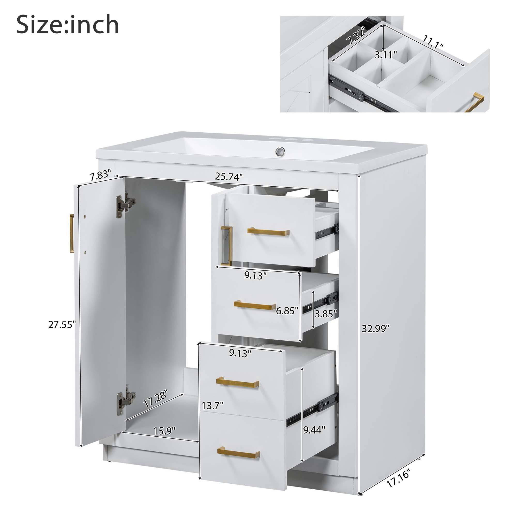 30"/36" Freestanding Bathroom Vanity with Ceramic Sink Combo, 3 Drawers & Soft Closing Doors