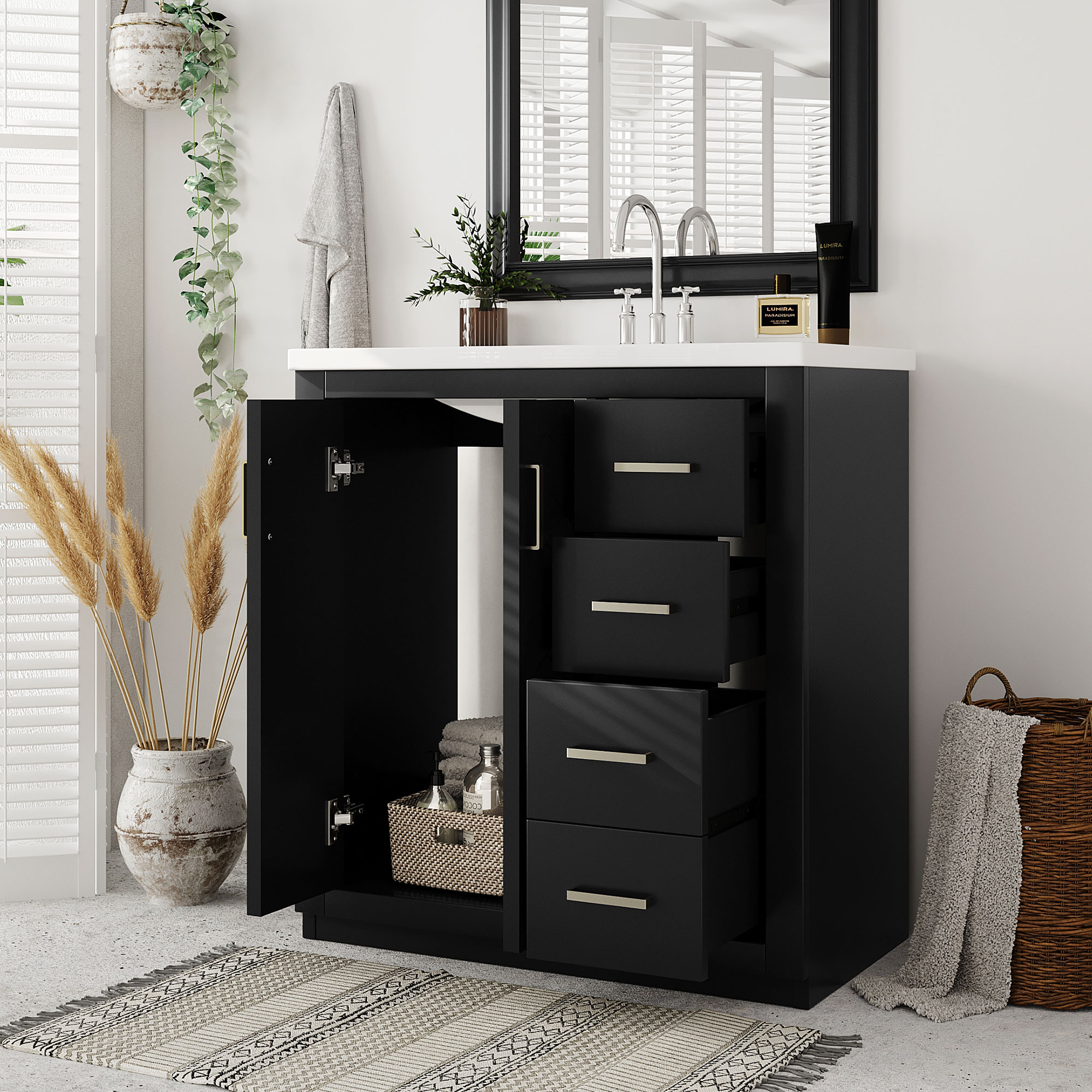 30"/36" Freestanding Bathroom Vanity with Ceramic Sink Combo, 3 Drawers & Soft Closing Doors