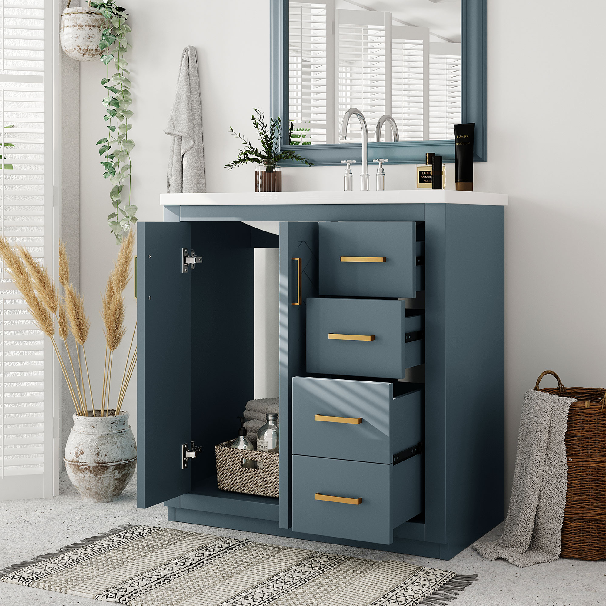 30"/36" Freestanding Bathroom Vanity with Ceramic Sink Combo, 3 Drawers & Soft Closing Doors