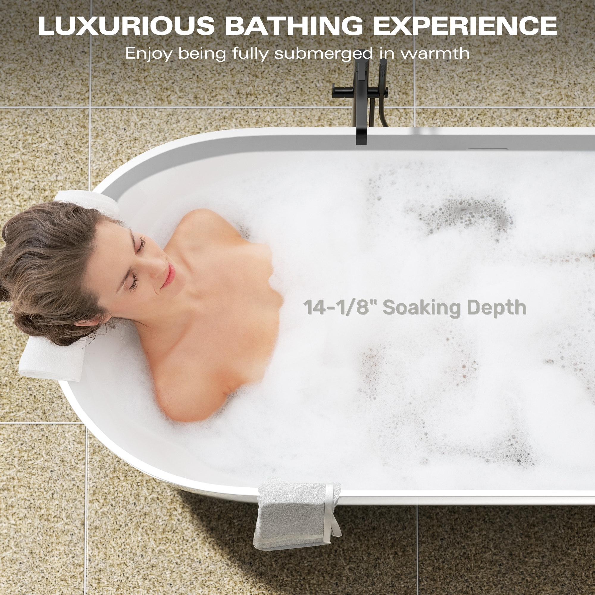 63" Engineered Stone Resin Freestanding Soaking Bathtub with Overflow and Pop-up Drain
