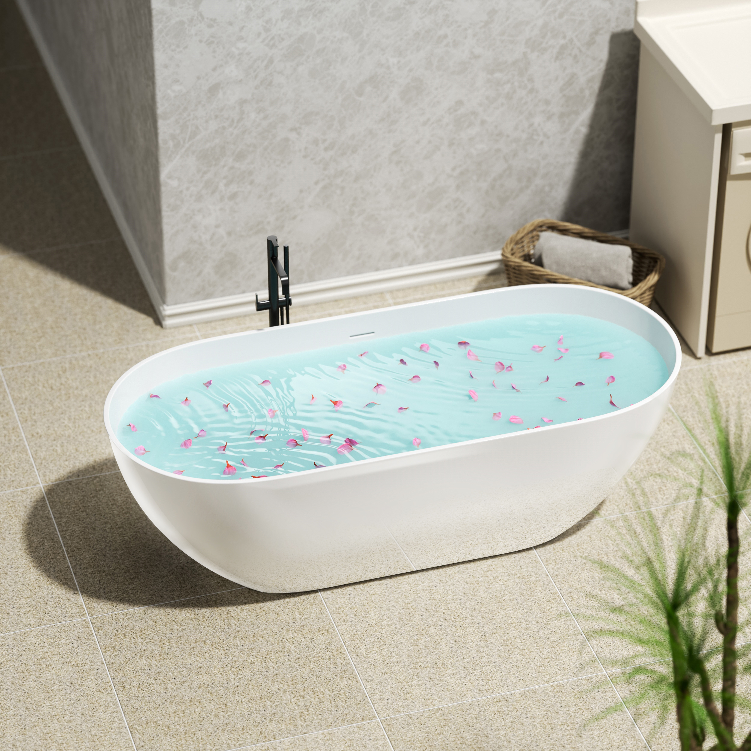 59" Freestanding Stone Resin Soaking Tub with Overflow & Pop-Up Drain