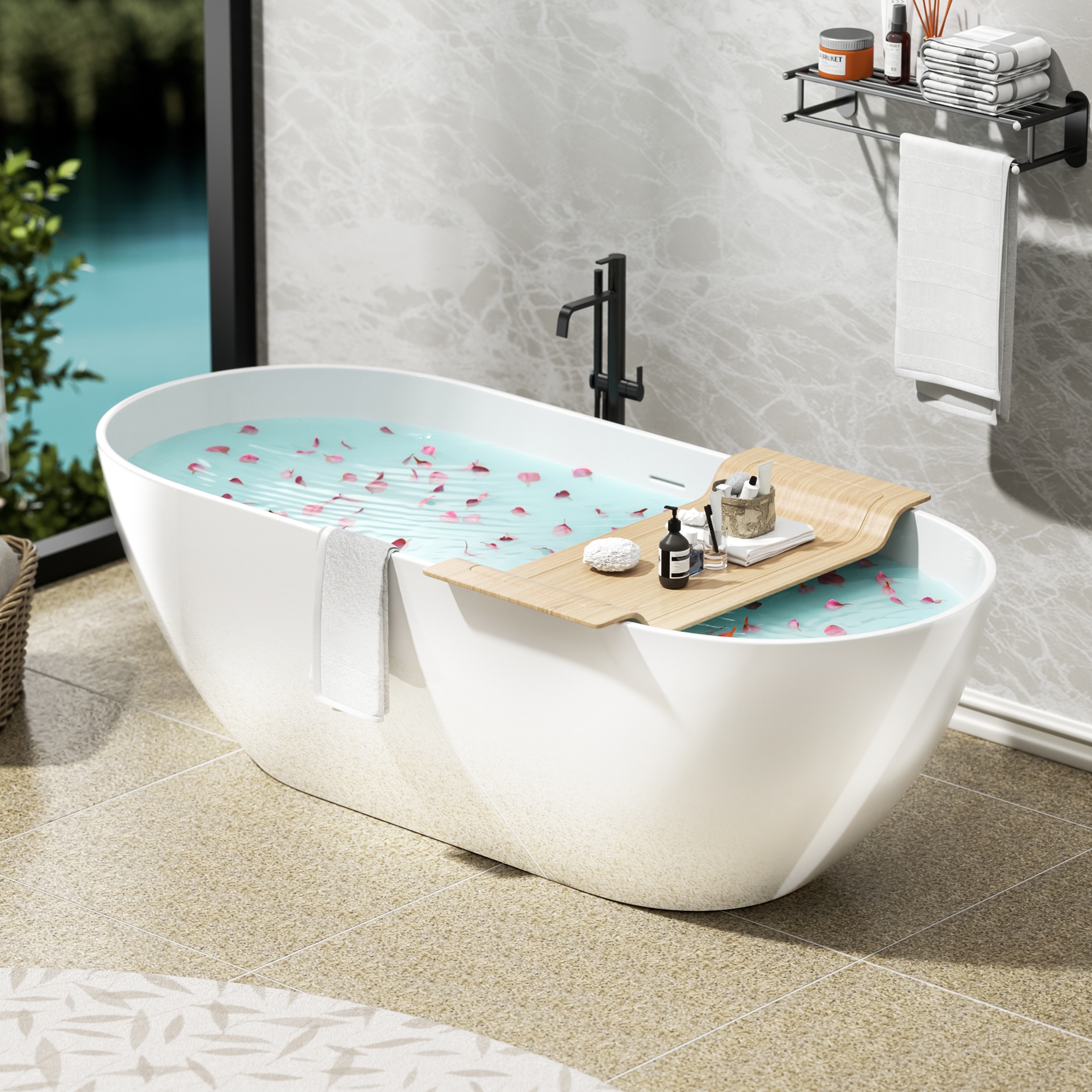 59" Freestanding Stone Resin Soaking Tub with Overflow & Pop-Up Drain