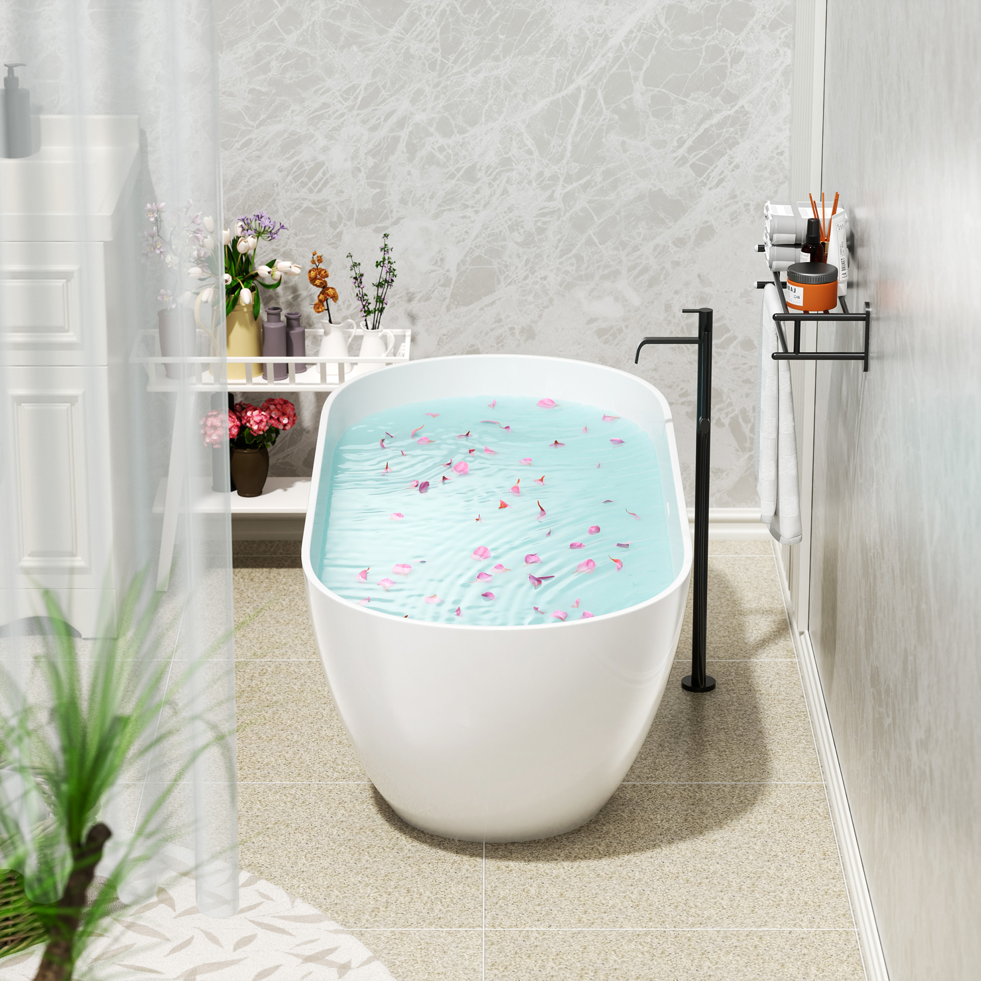 59" Freestanding Stone Resin Soaking Tub with Overflow & Pop-Up Drain