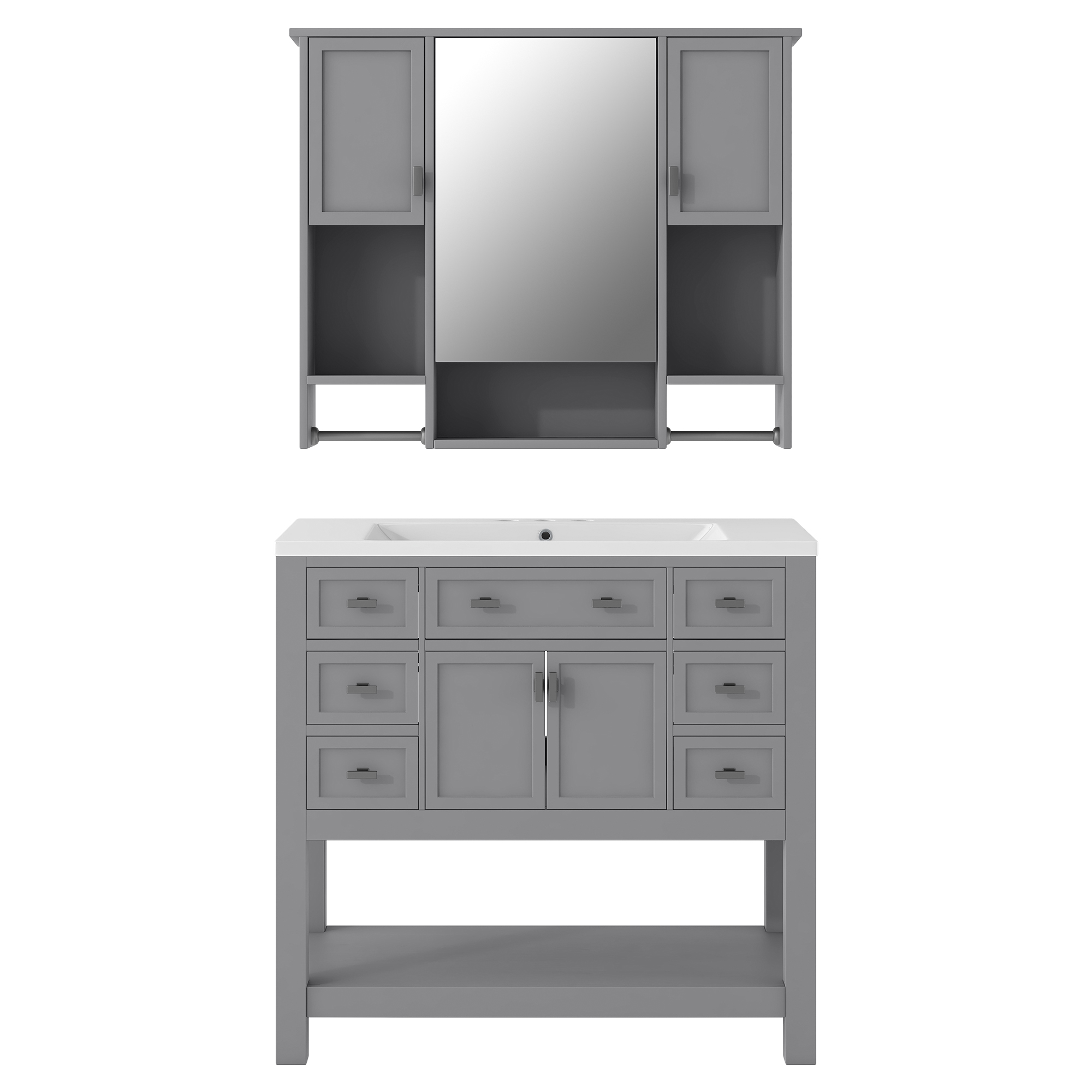 36'' Freestanding Single Sink Bathroom Vanity with 2 Soft Closing Doors and 6 Drawers