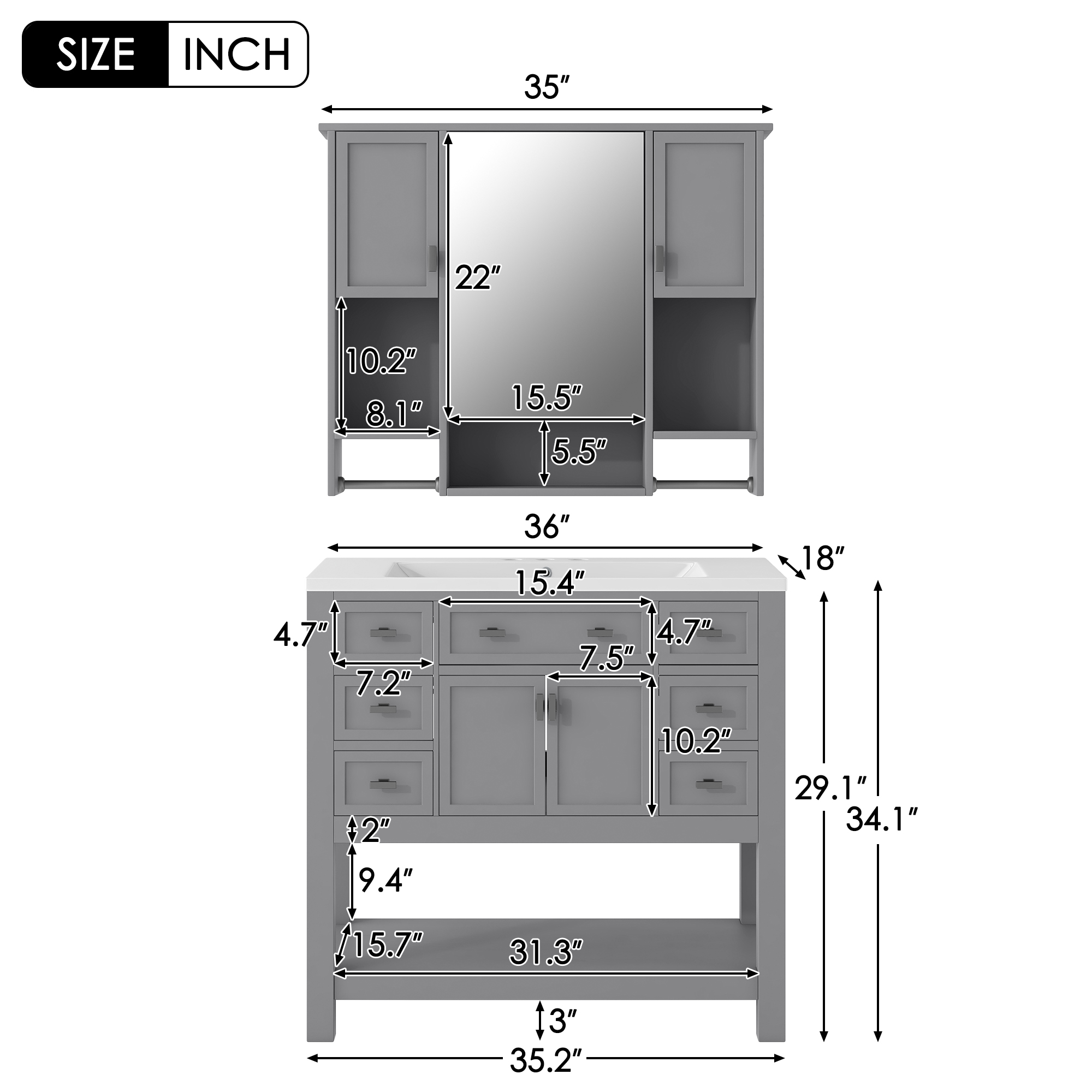 36'' Freestanding Single Sink Bathroom Vanity with 2 Soft Closing Doors and 6 Drawers