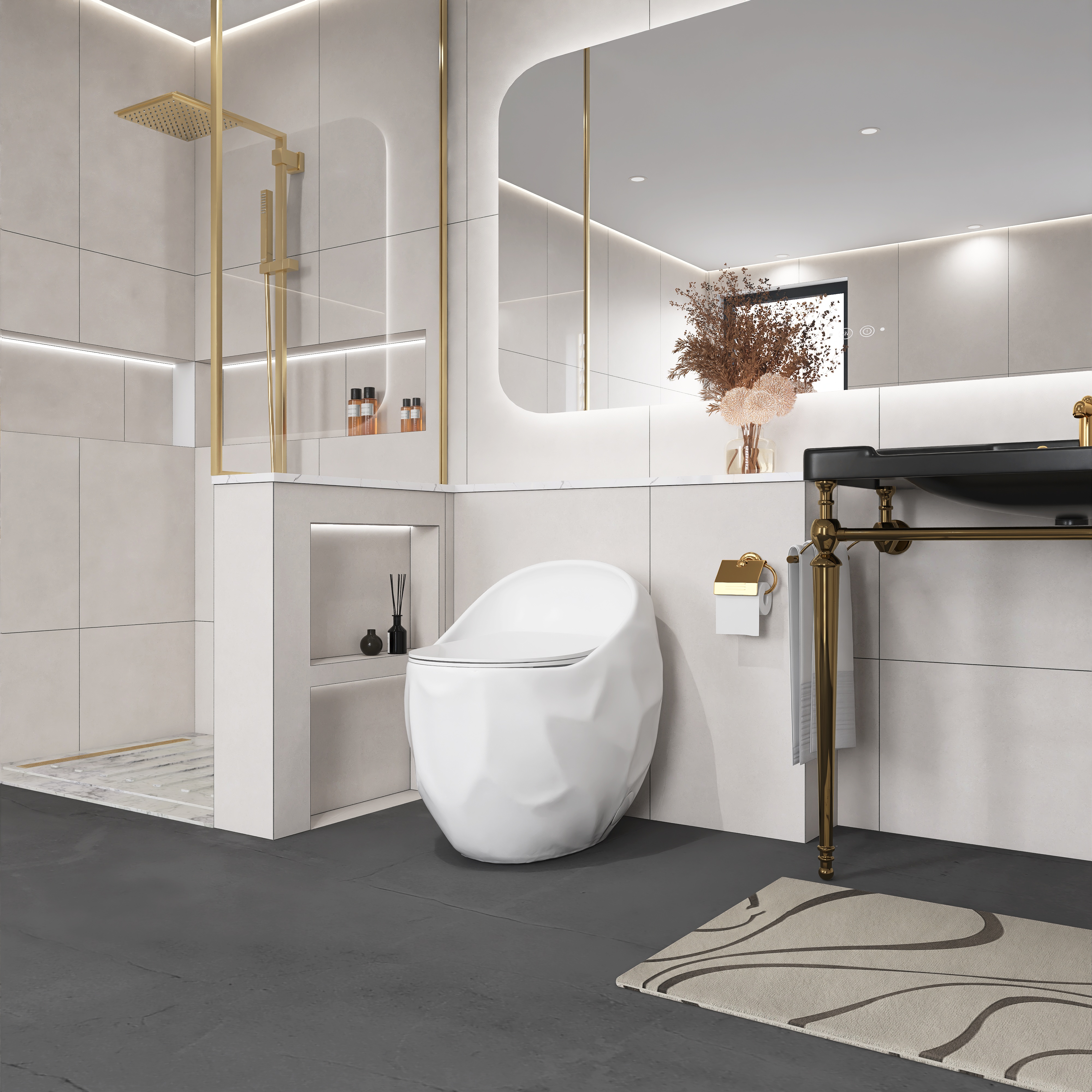 Egg Shape 1-Piece Toilet in Glossy White/Black with 1.28 GPF Single Flush