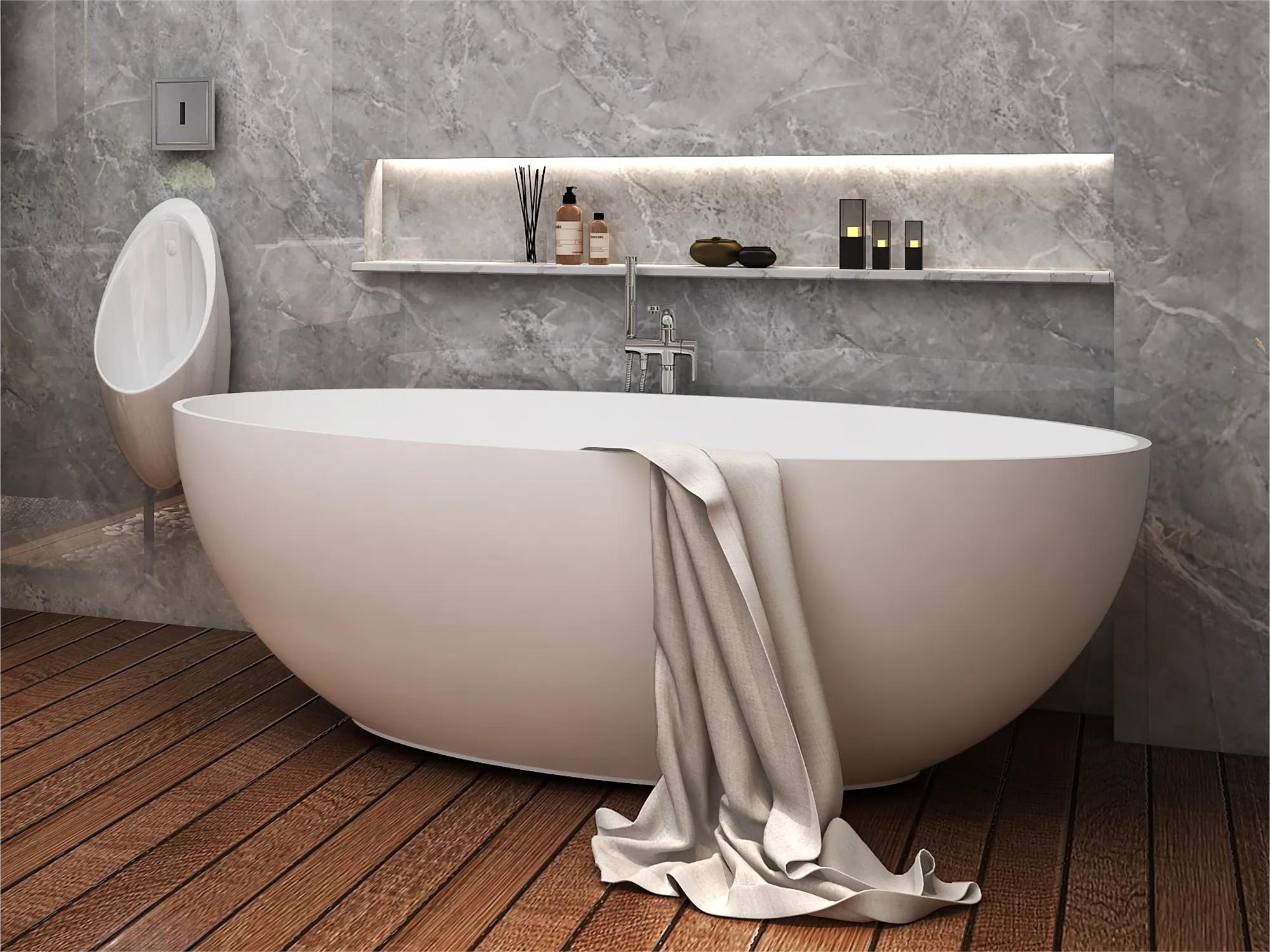 55"/61"/65" Solid Surface Freestanding Bathtub, Egg Shell Shaped Stone Resin Freestanding Tubs, Contemporary Oval Soaking Tub with Overflow and Drain, Matte White