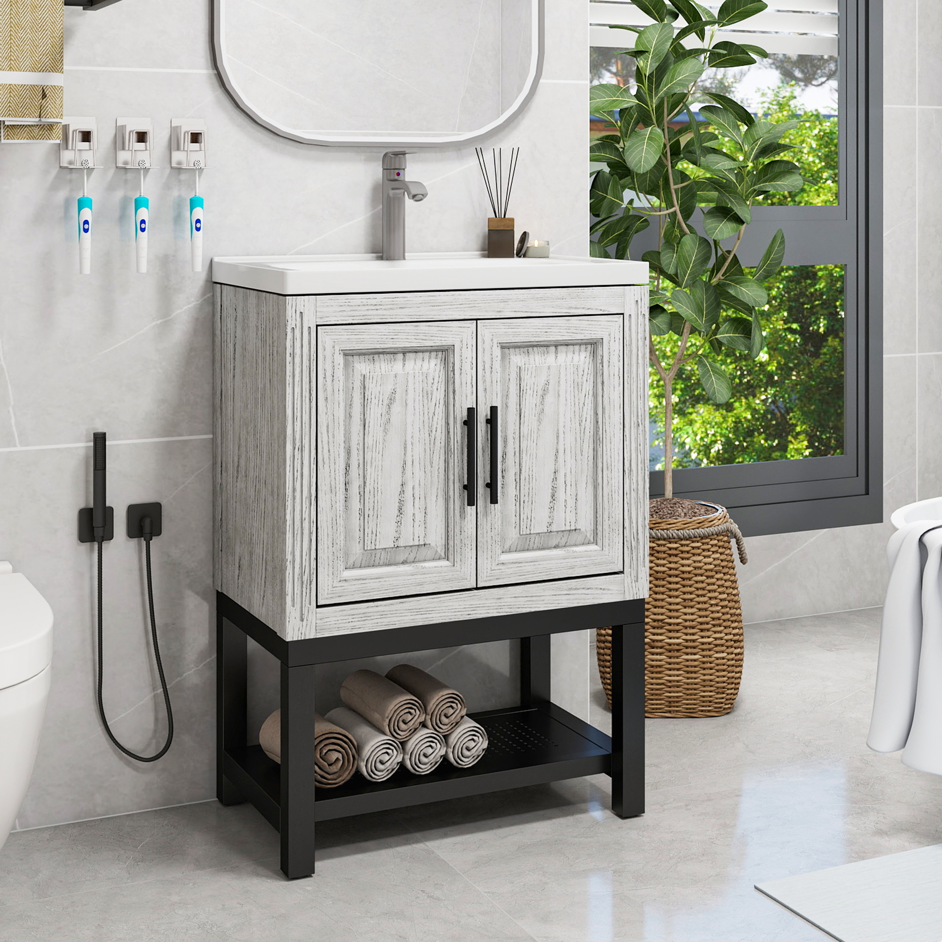 Freestanding Bathroom Vanity with White Ceramic Sink & Hot and Cold Faucet