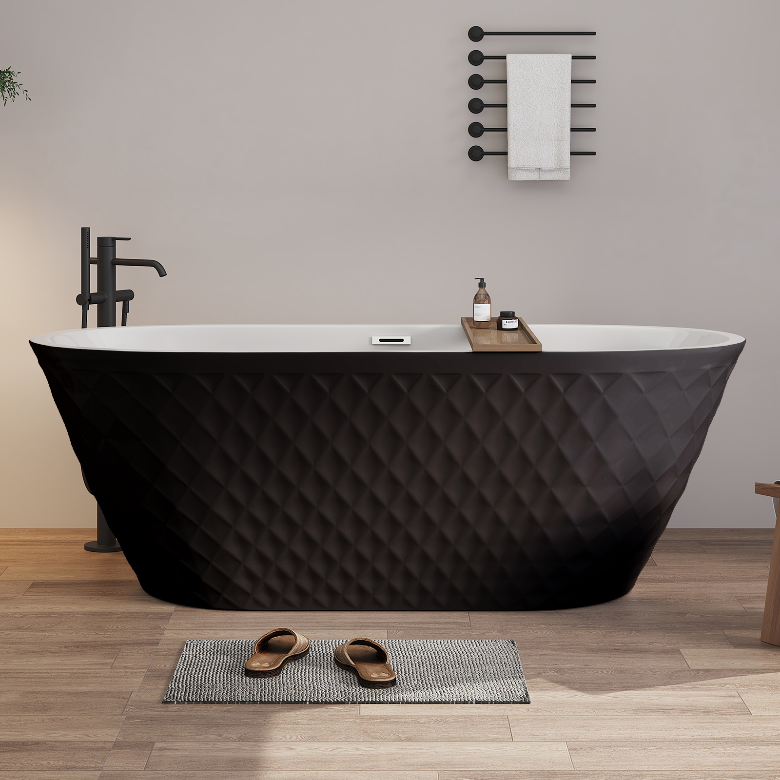 67" Acrylic Freestanding Oval Bathtub with Unique Diamond Pattern Design