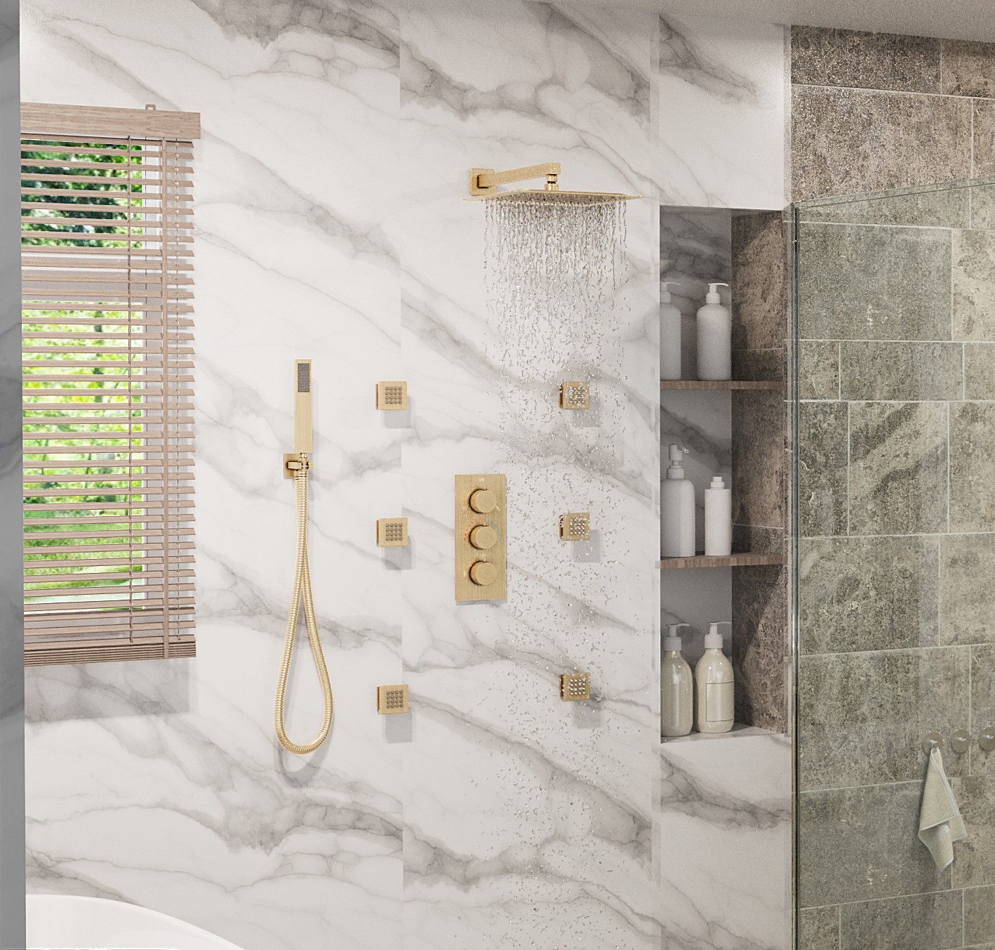 12" Thermostatic Rainfall Shower System with Handheld & Body Jets