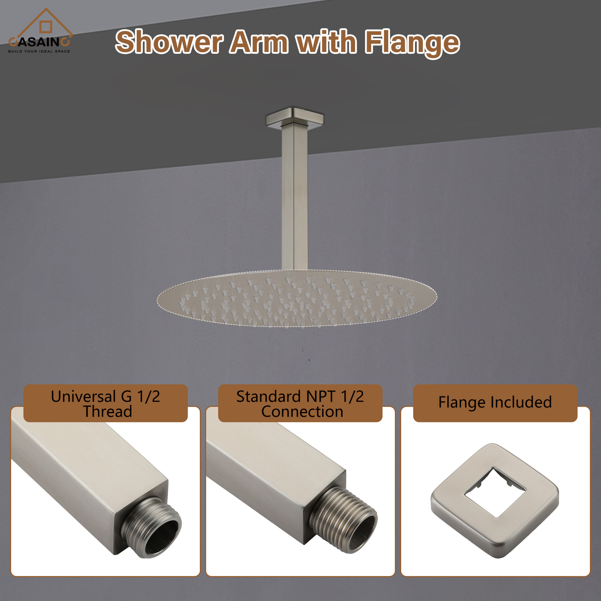 7.87"/11.81" Square Ceiling-Mounted Shower Arm with Flange Cover