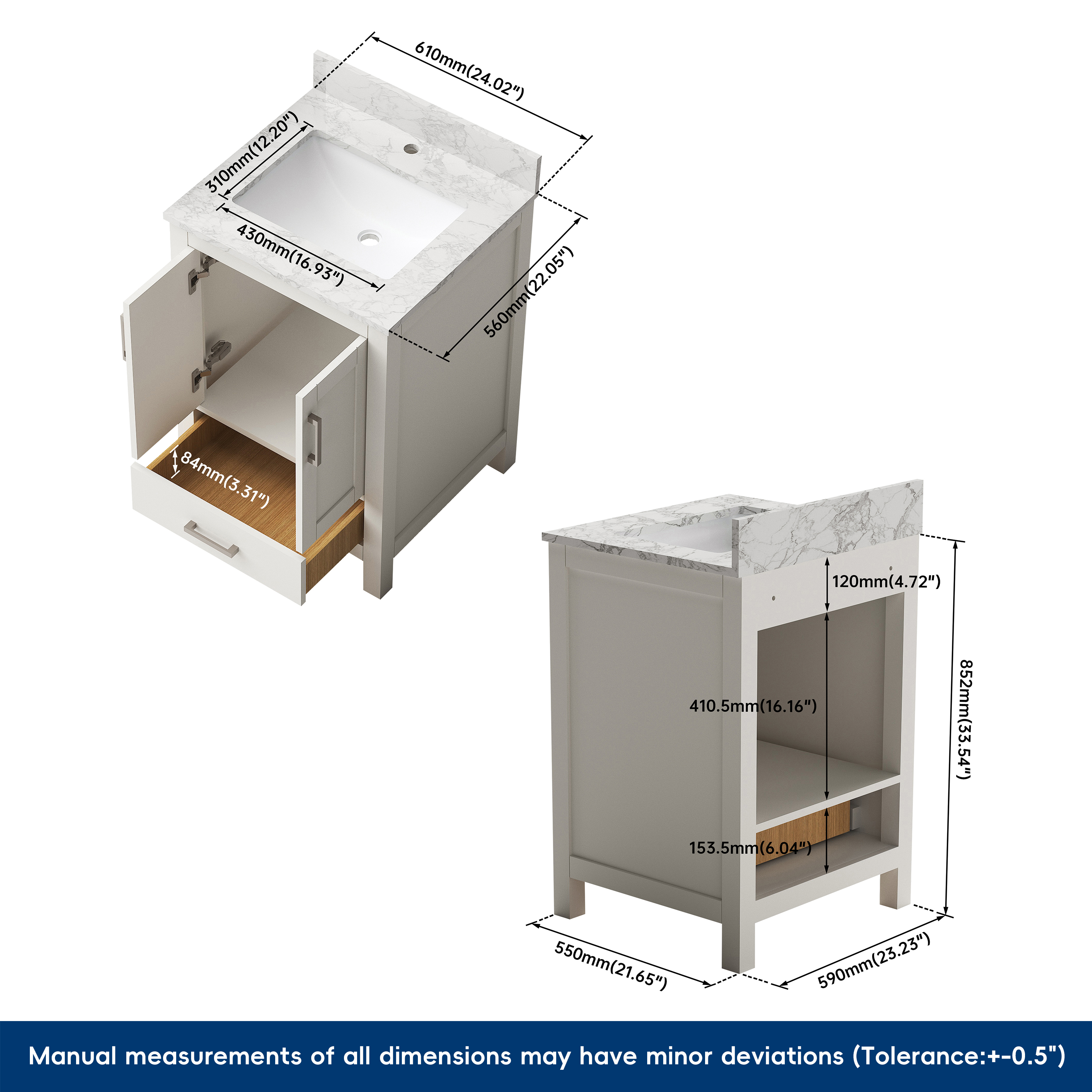 24" Freestanding Single Sink Bathroom Vanity with Solid Wood Frame & Engineered Stone Top