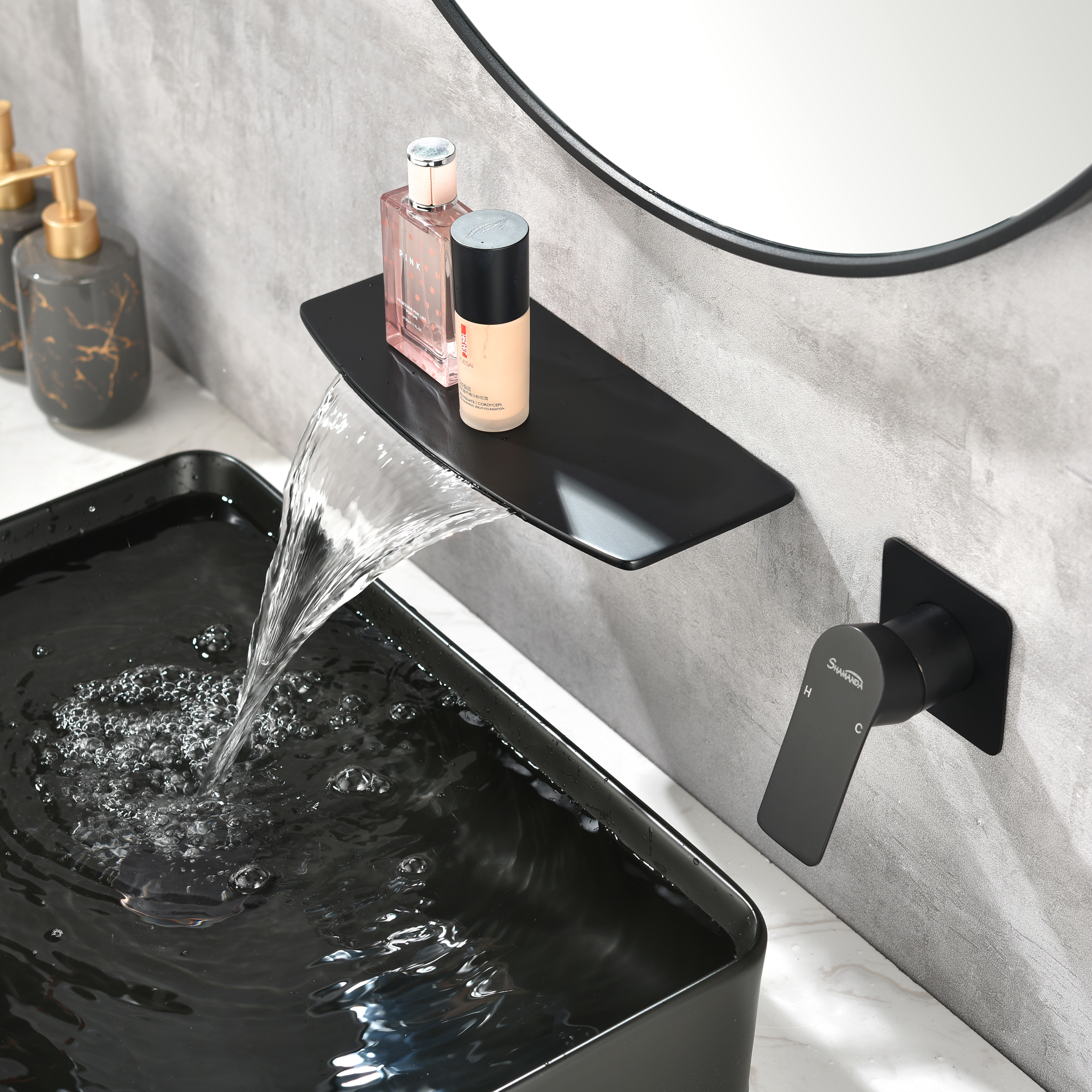 Wall Mounted Single Handle Waterfall Bathroom Sink Faucet with Rough-in Valve