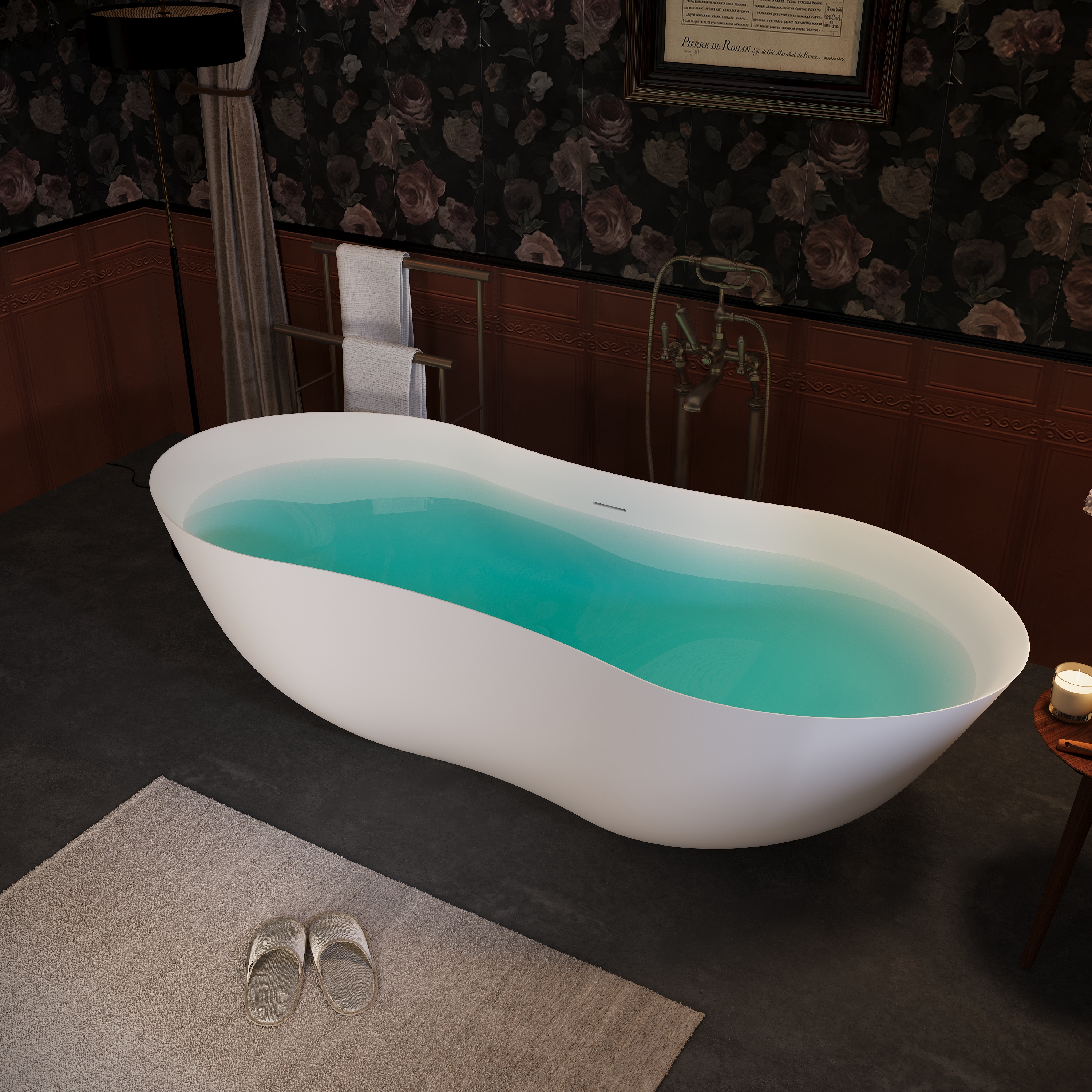 67" Peanut-Shaped Freestanding Solid Surface Bathtub for Two with Overflow & Pop-Up Drain