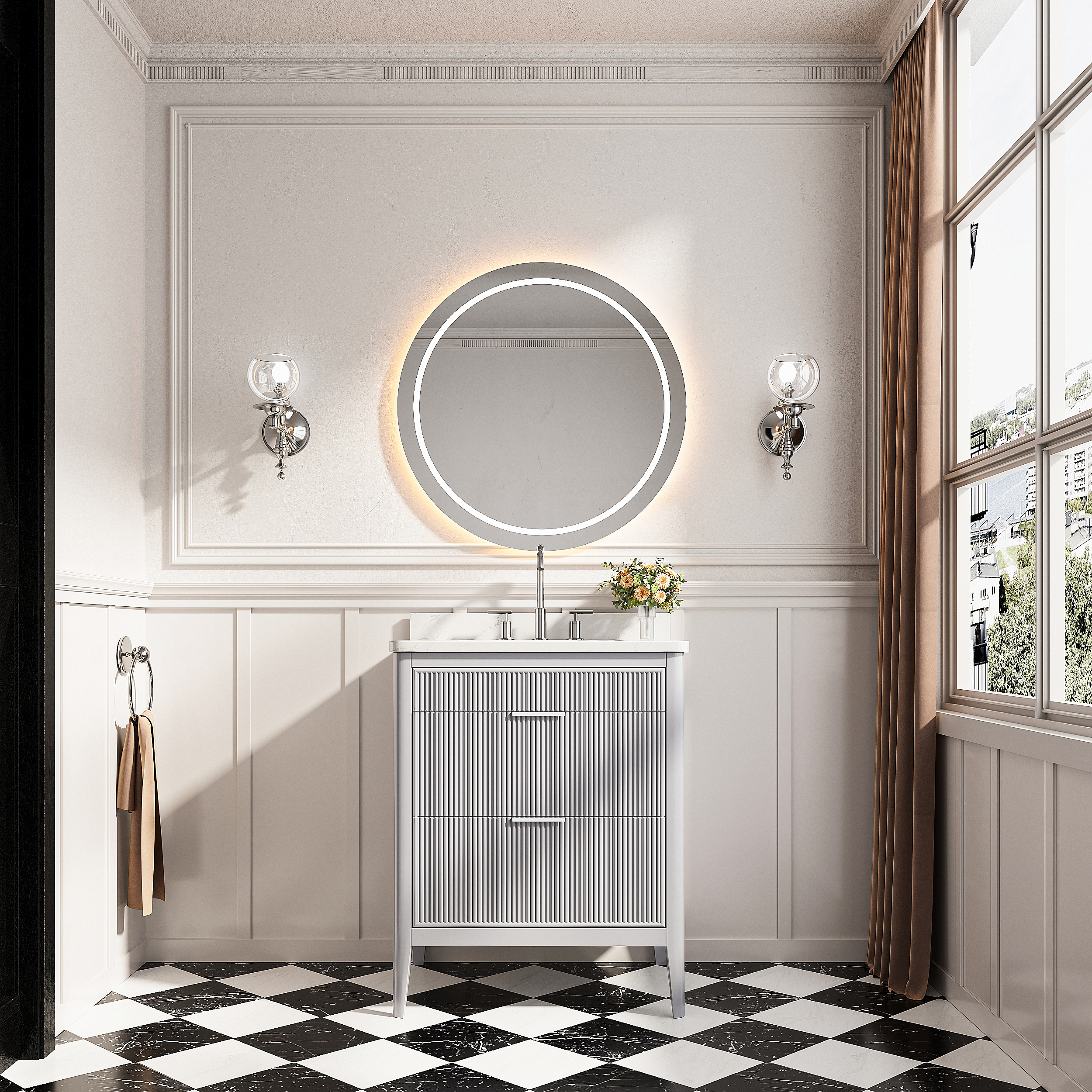 30"/36"/48" Freestanding Single Sink Bathroom Vanity with Solid Wood Construction & Marble Top