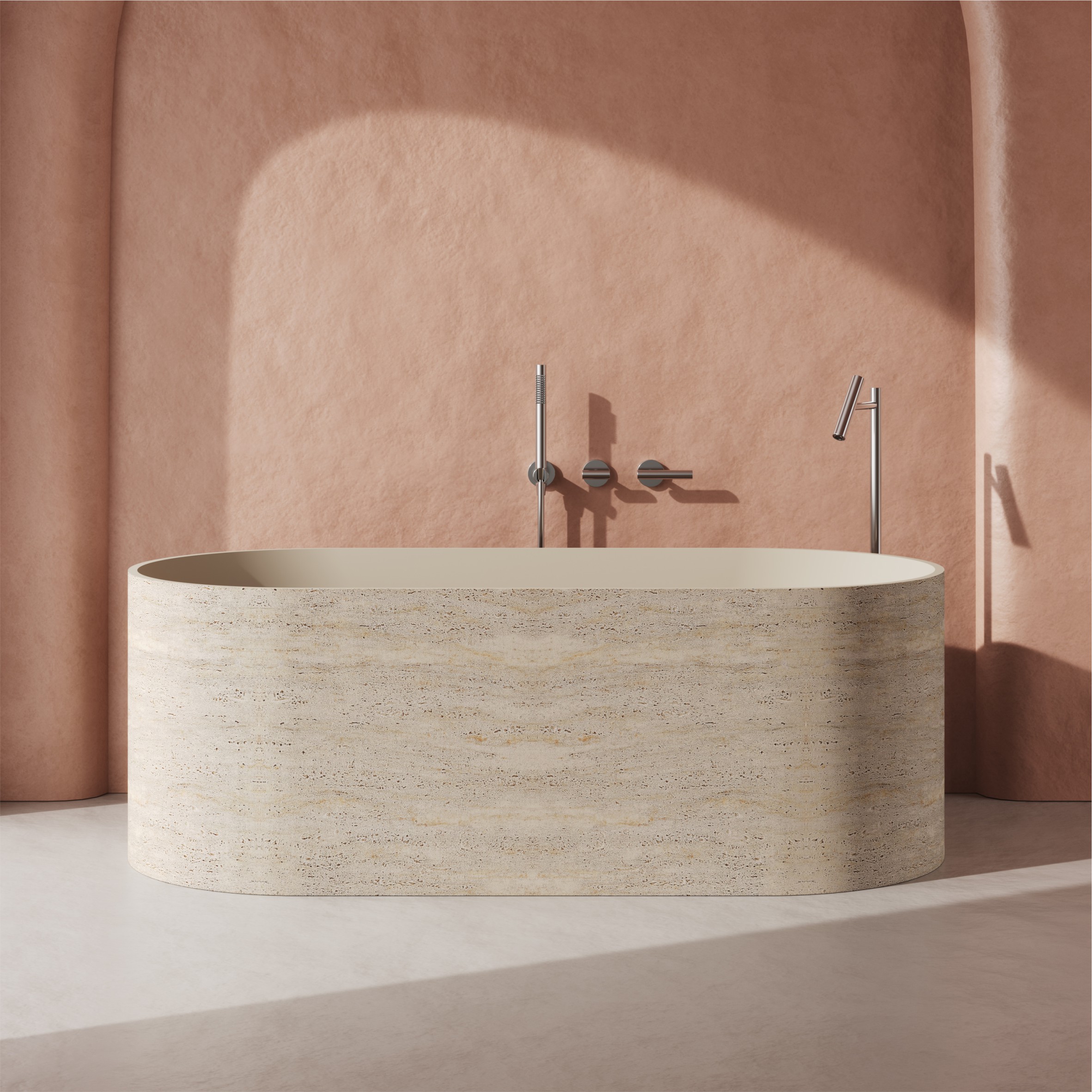 63" Travertine-Inspired Solid Surface Freestanding Bathtub with Handcrafted Texture