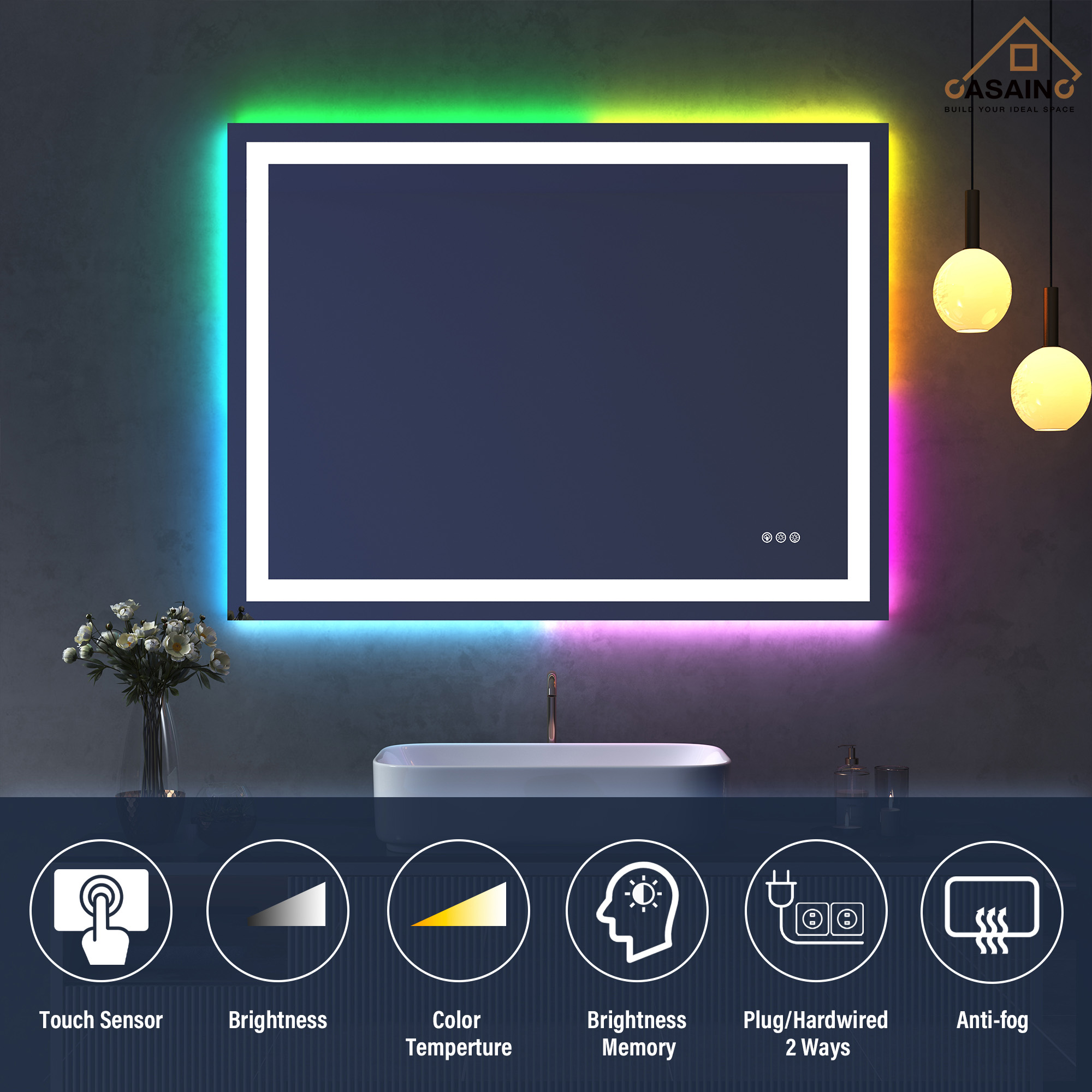 Tempered RGB LED Bathroom Mirror with Smart Controls & Anti-Fog