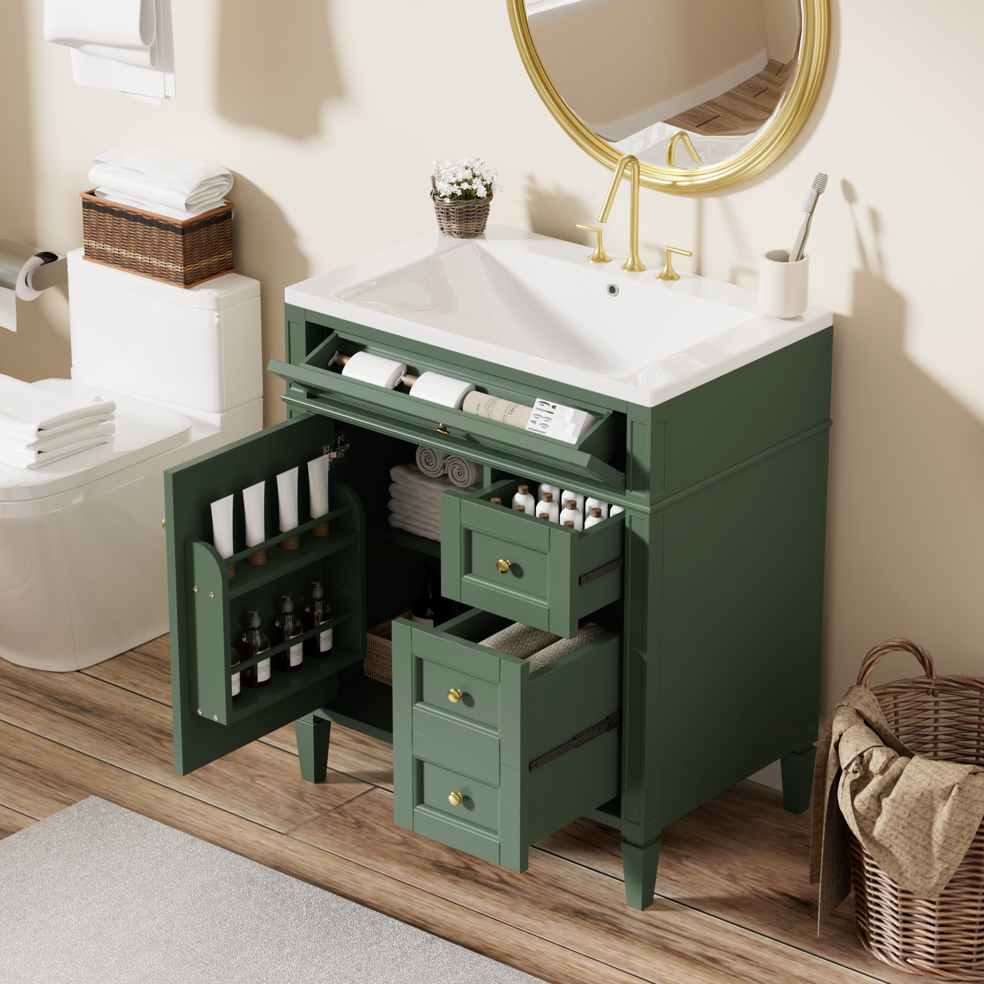 30" Freestanding Bathroom Vanity in Green with 2 Drawers and a Tip-out Drawer