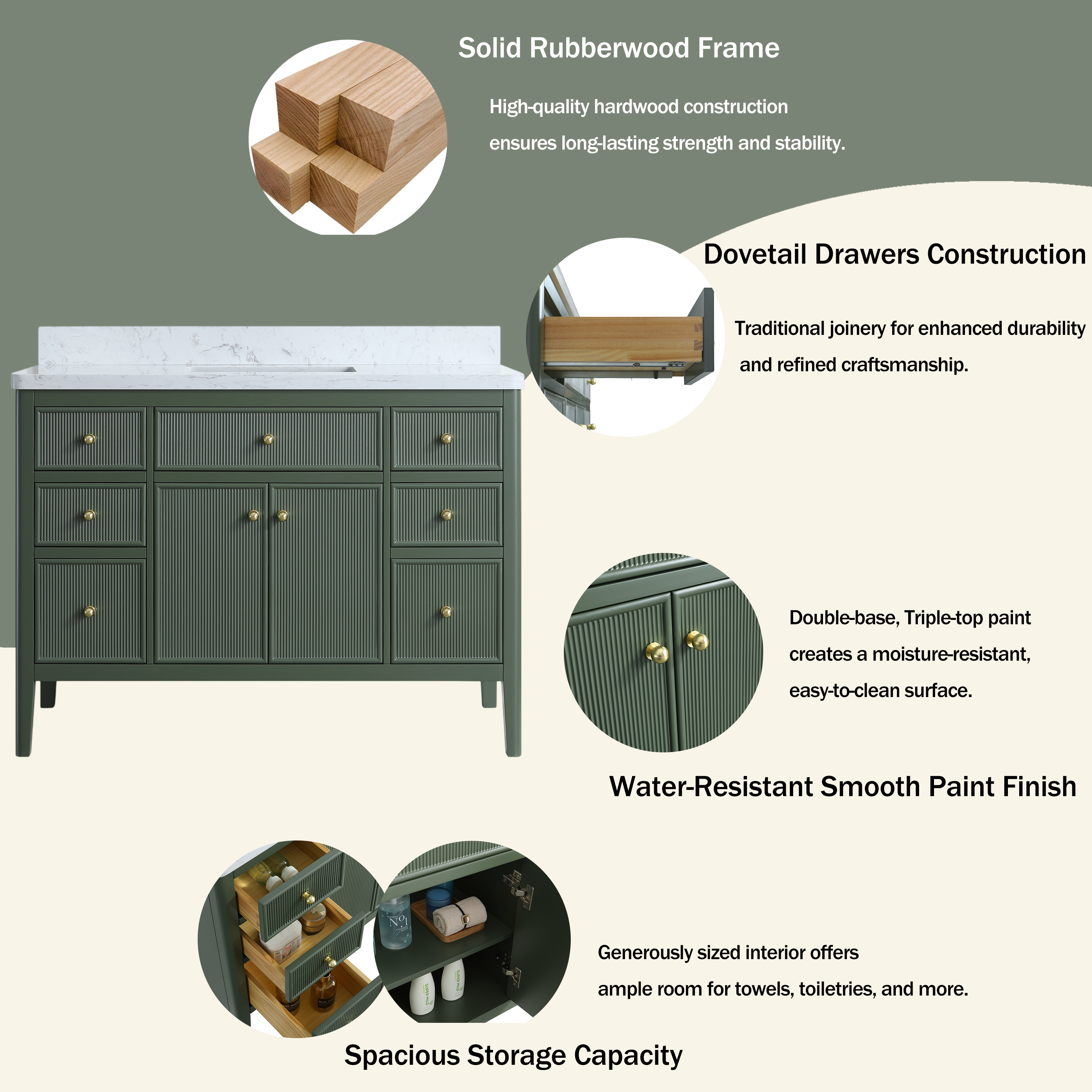 30"/36"/48" Freestanding Single Sink Bathroom Vanity with Solid Wood Construction & Marble Top