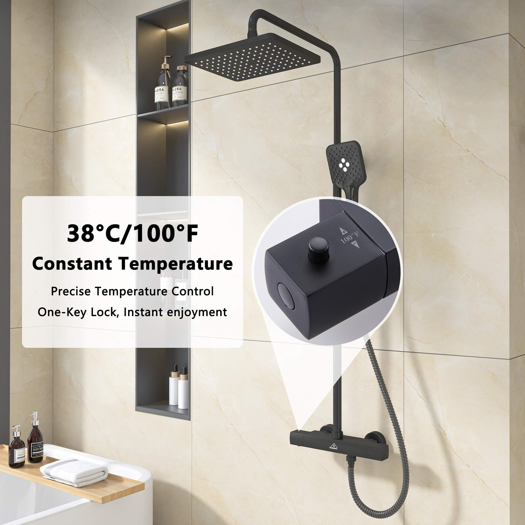 11.4*7.5" Thermostatic Rain Shower Faucet with Slide Bar in Matte Black