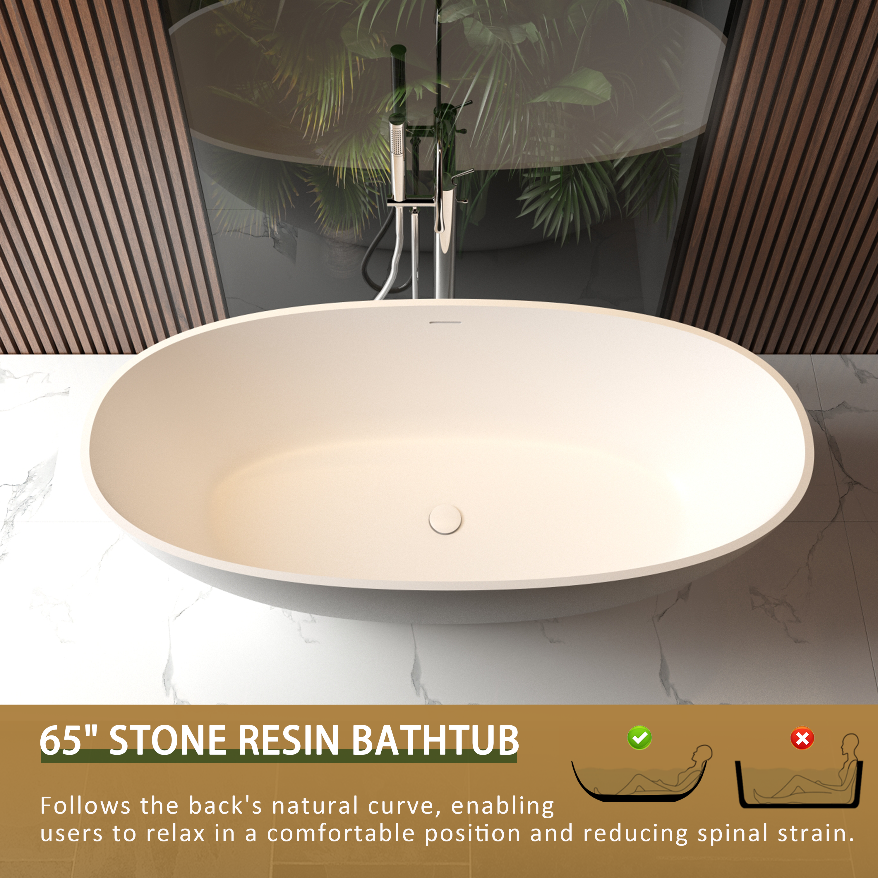 65" Oval Stone Resin Freestanding Soaking Tub with Ergonomic Design