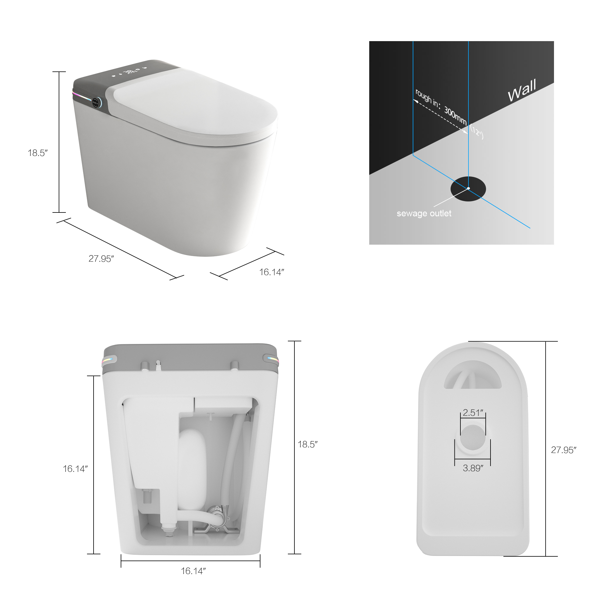 Raised Tankless Smart Bidet Toilet with Remote Control & LED Display