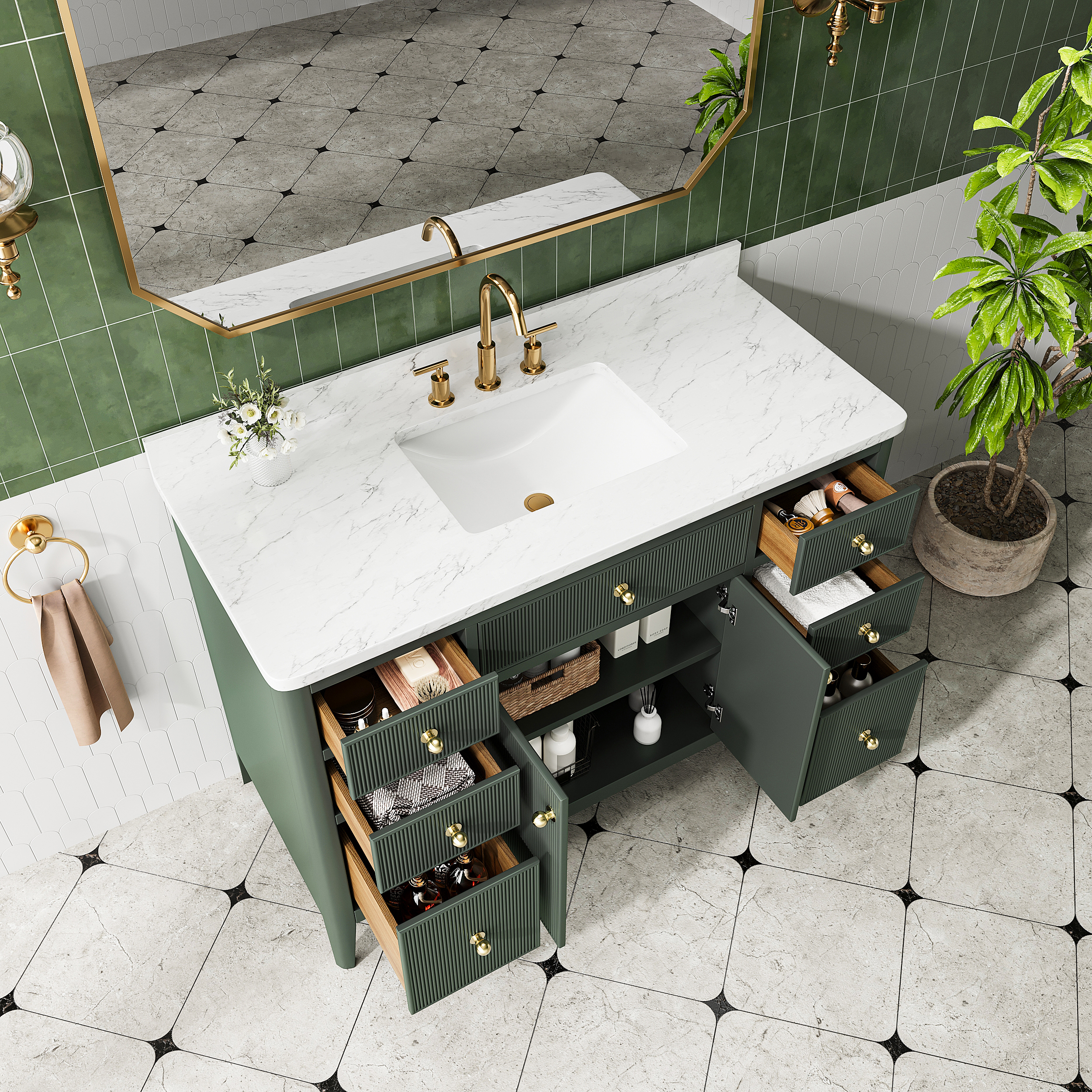 30"/36"/48" Freestanding Single Sink Bathroom Vanity with Solid Wood Construction & Marble Top