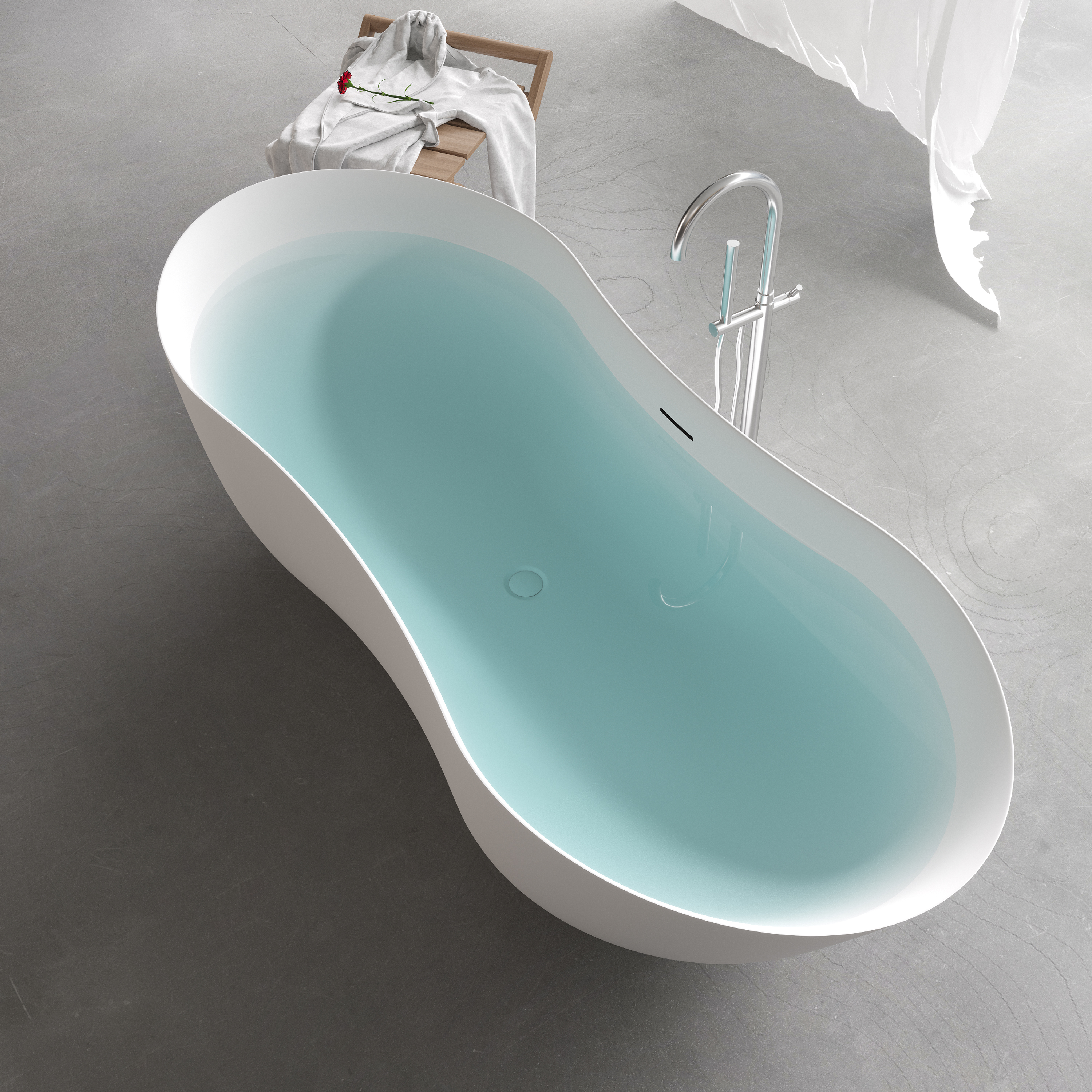 67" Peanut-Shaped Freestanding Solid Surface Bathtub for Two with Overflow & Pop-Up Drain