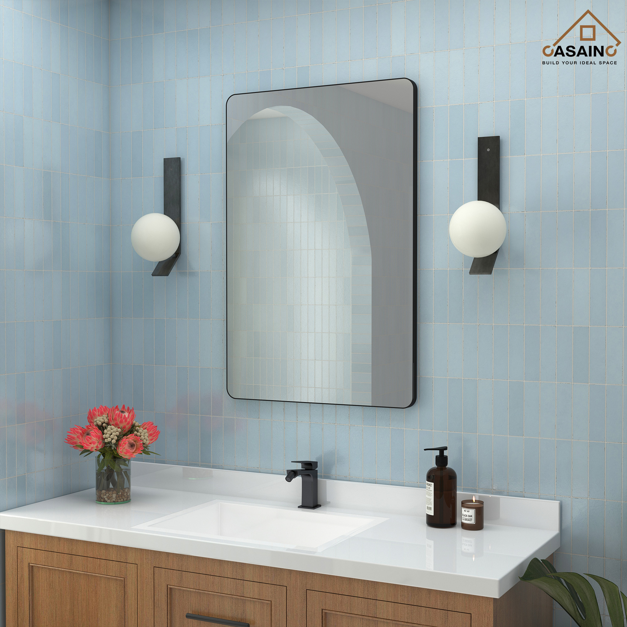 Wall-Mounted Vanity Mirror with Matte Black Metal Frame