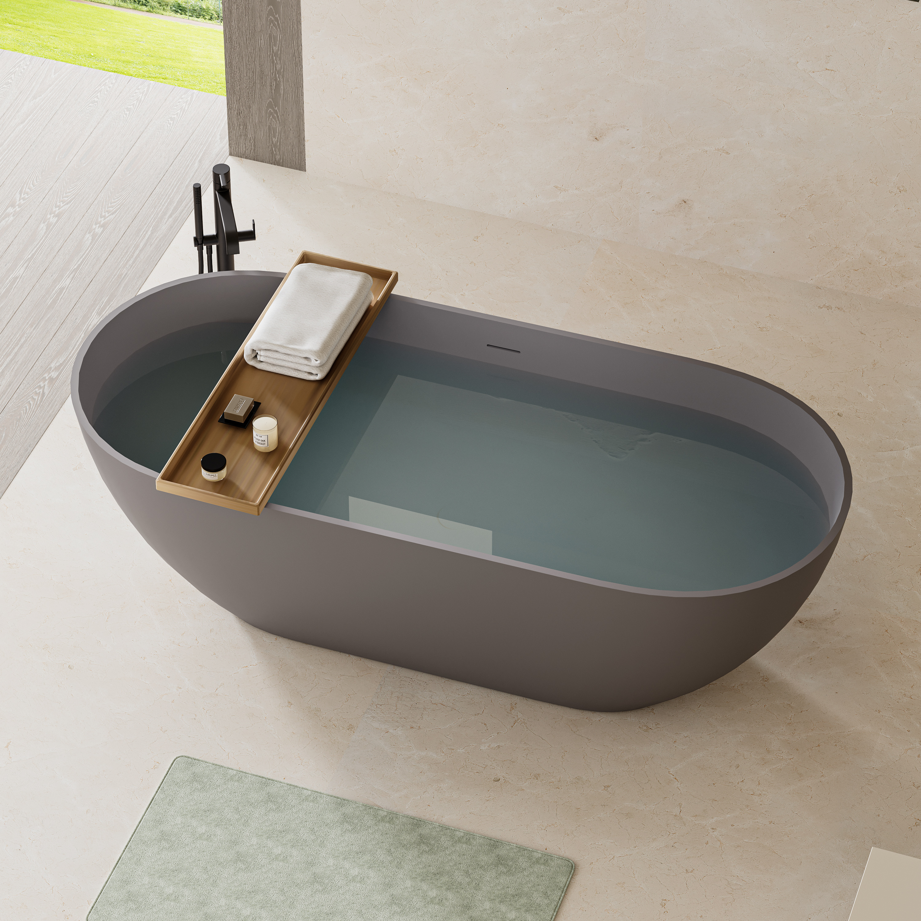 63" Engineered Stone Resin Freestanding Soaking Bathtub with Overflow and Pop-up Drain