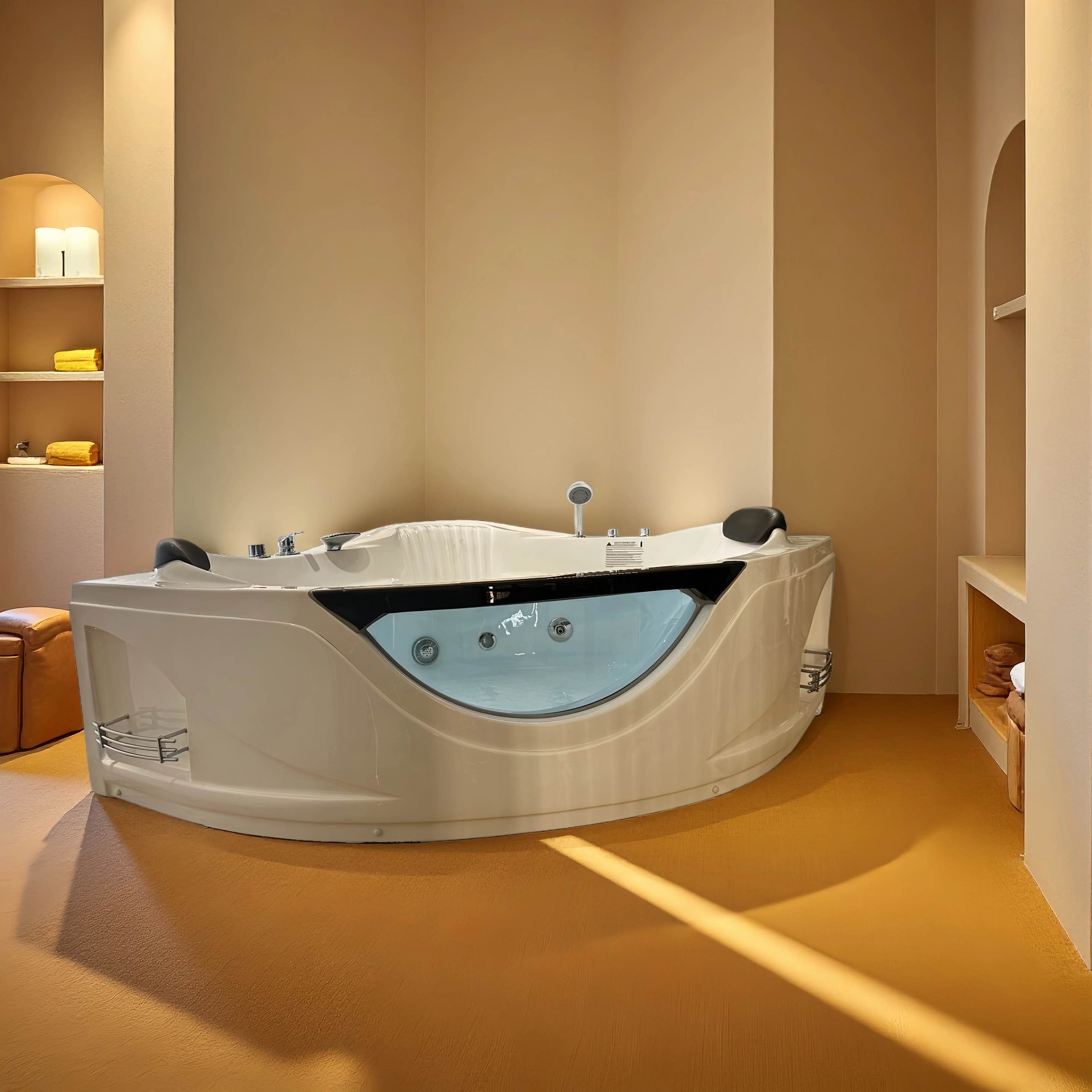 59" Corner Whirlpool Massage Bathtub for 2 Persons with Hydrotherapy Jets & LED Mood Lighting