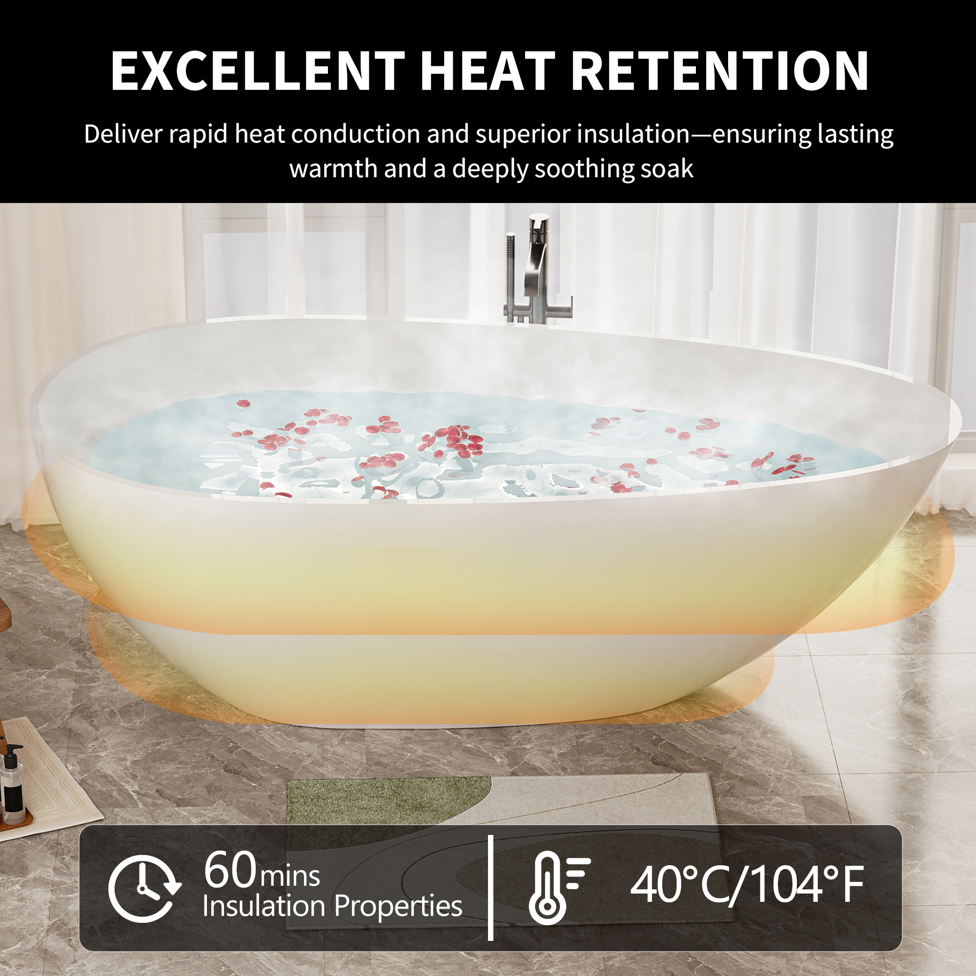 59" Luxury Handcrafted Freestanding Solid Surface Soaking Bathtub in Glossy White