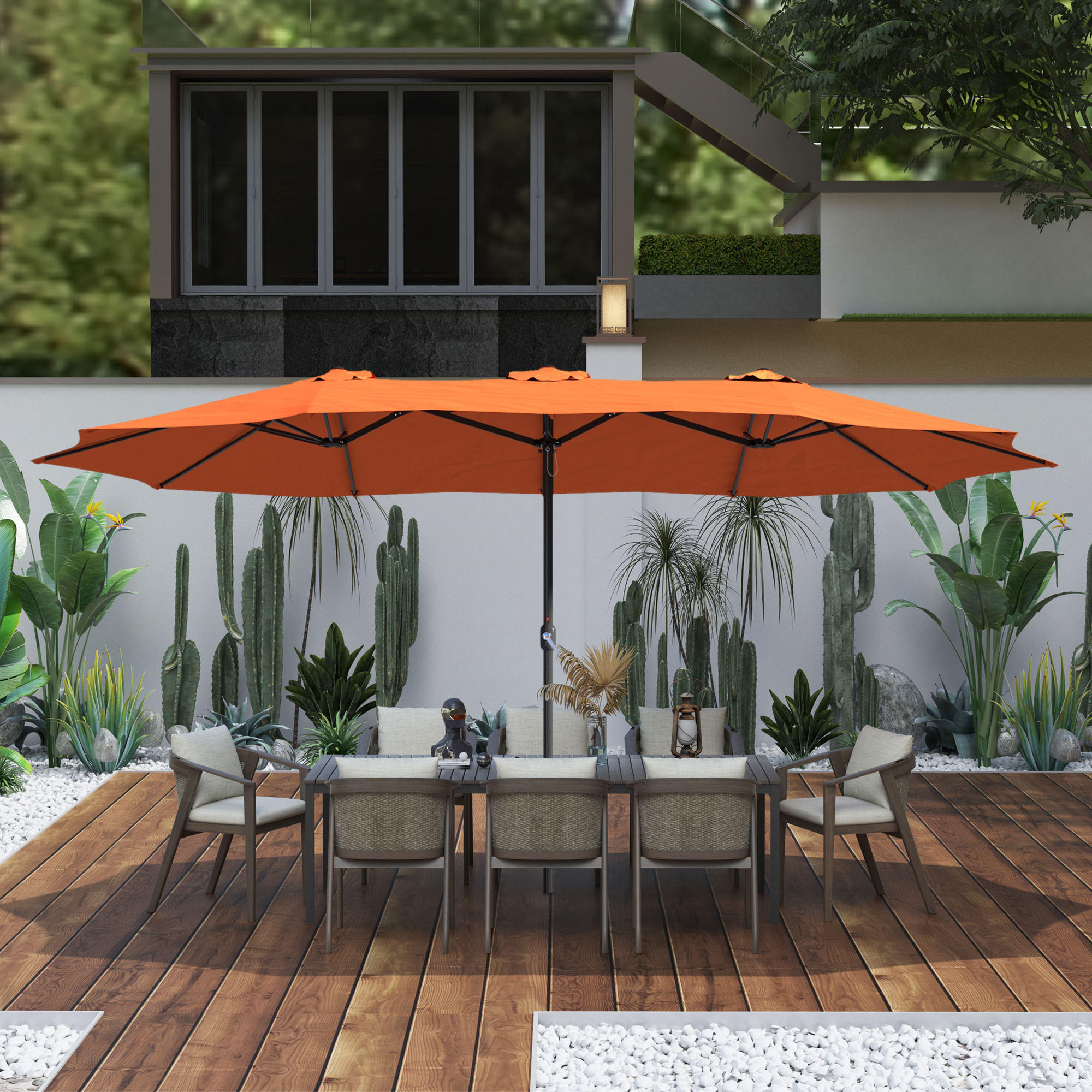 15ft Patio Steel Rectangular Double-Sided Market Umbrella With Base, Classic Design or Solar LED Lights Options,UV Sun Protection & Easy Crank for Deck Pool Patio.