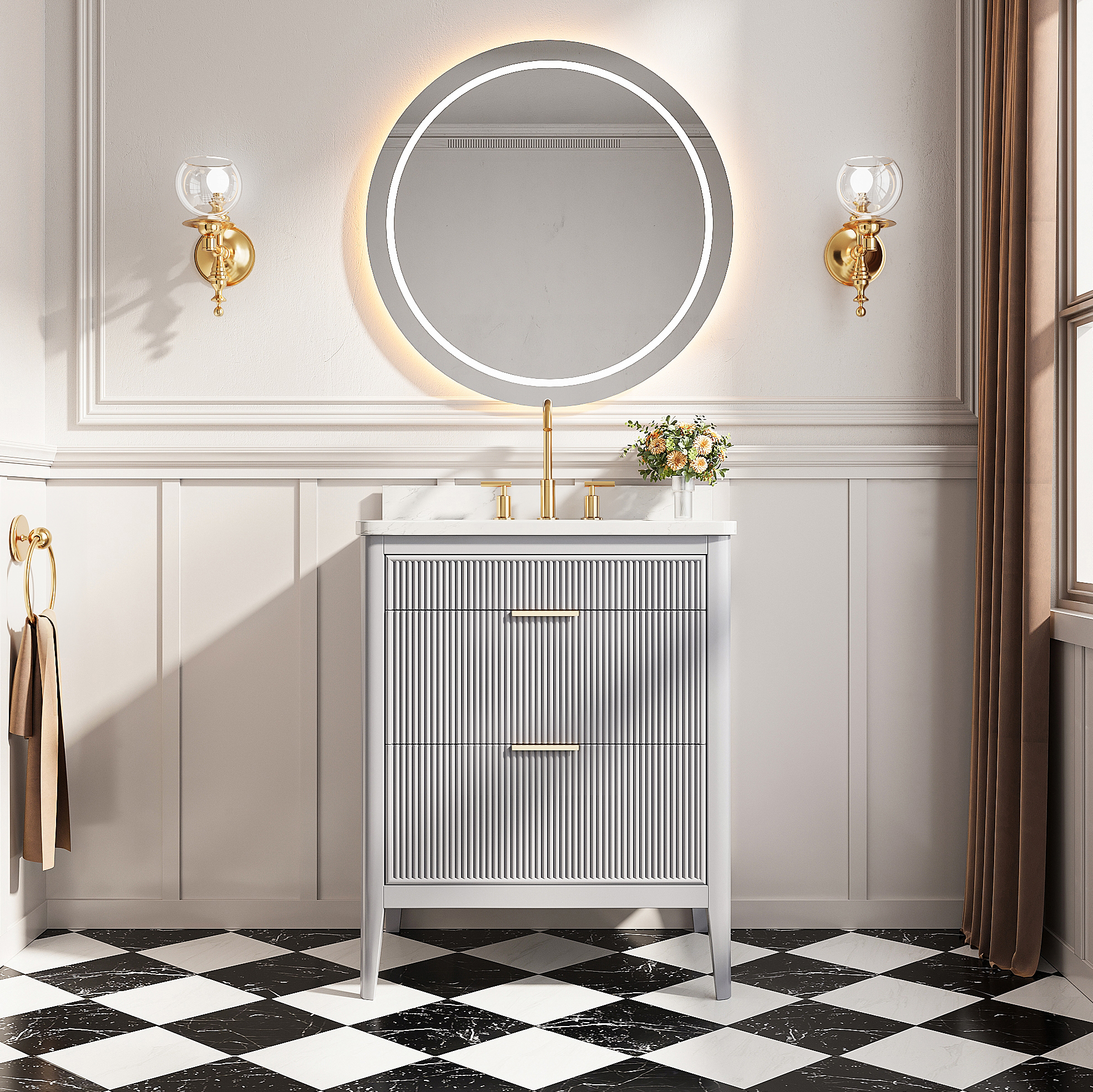 30"/36"/48" Freestanding Single Sink Bathroom Vanity with Solid Wood Construction & Marble Top