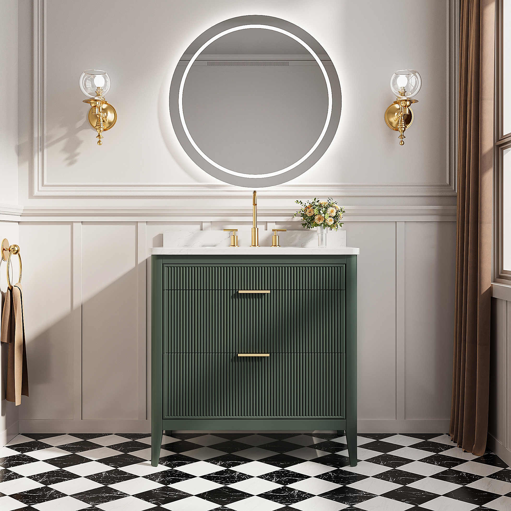 30"/36"/48" Freestanding Single Sink Bathroom Vanity with Solid Wood Construction & Marble Top