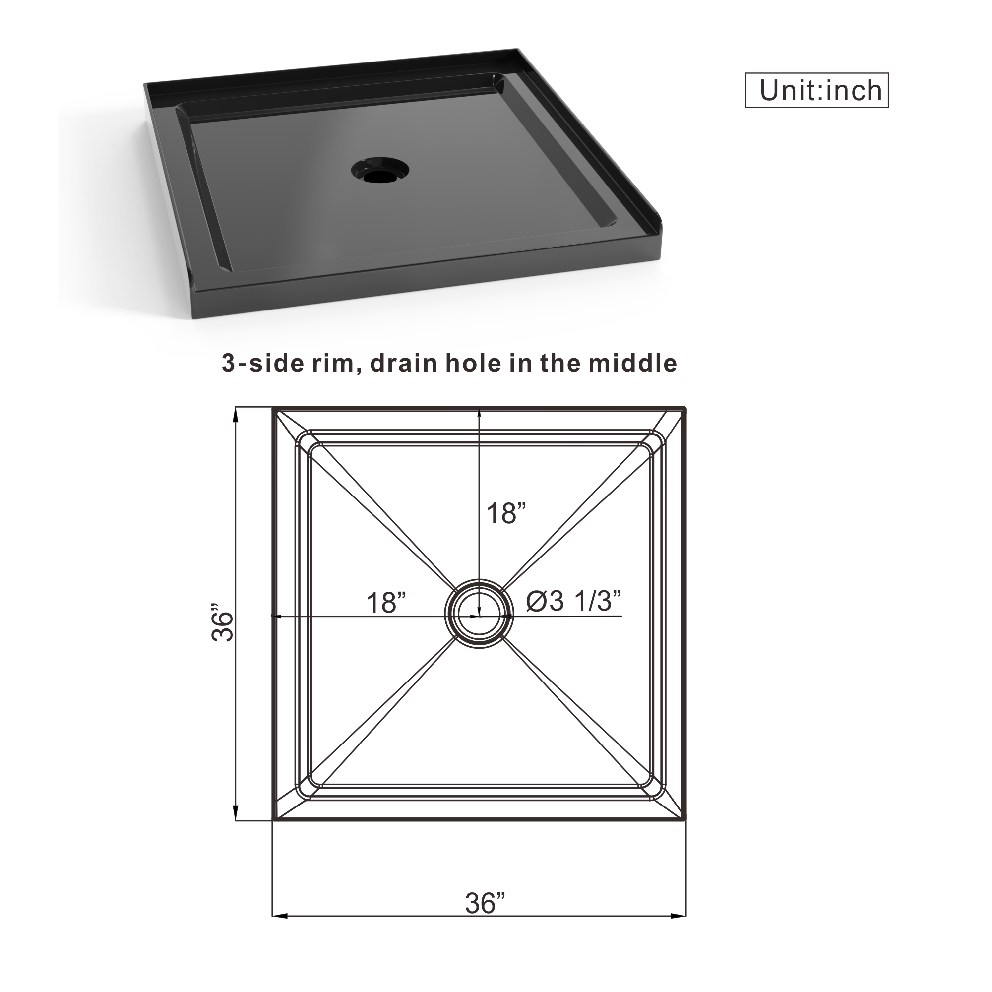 36" x 36" Black Acrylic Shower Base with Center Drain, Anti-Slip Single Threshold Design