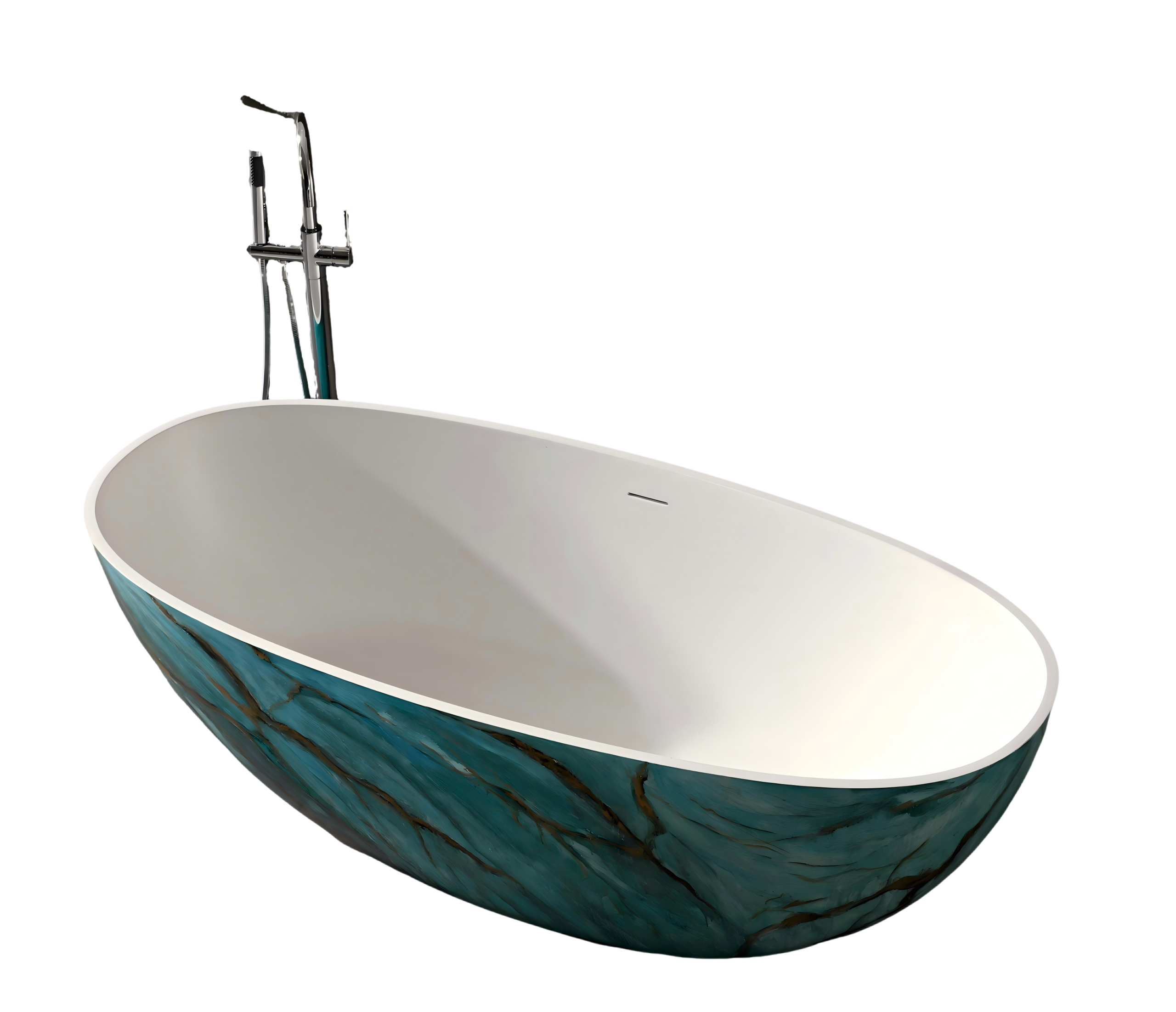65” Freestanding Oval Solid Surface Soaking Bathtub in Emerald-Green with Center Drain & Overflow