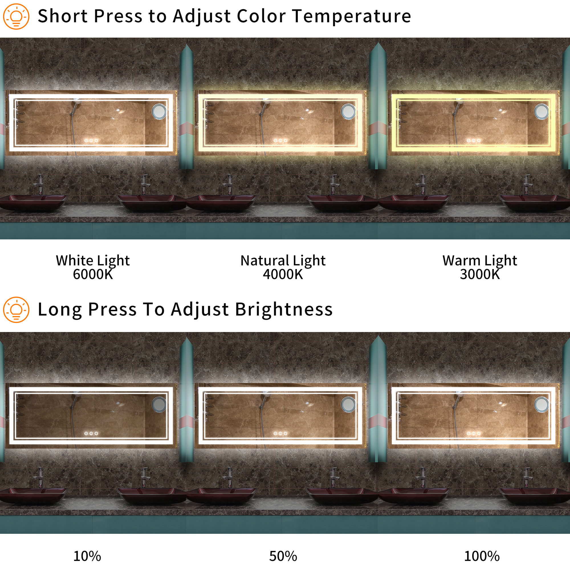 Rectangular Frameless LED Bathroom Mirror with Anti-Fog & Adjustable Color