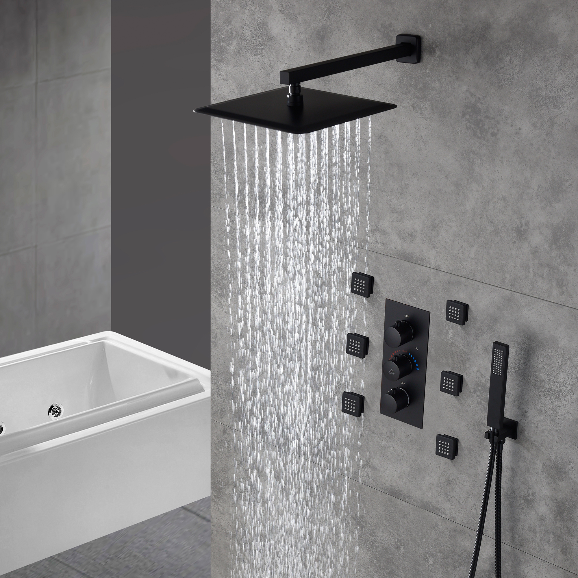 12" Thermostatic Complete Shower System with Rough-in Valve & 6 Body Jets