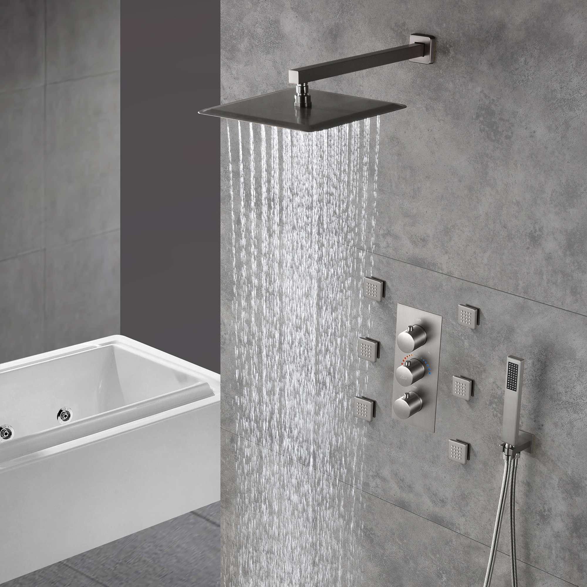 12" Thermostatic Complete Shower System with Rough-in Valve & 6 Body Jets