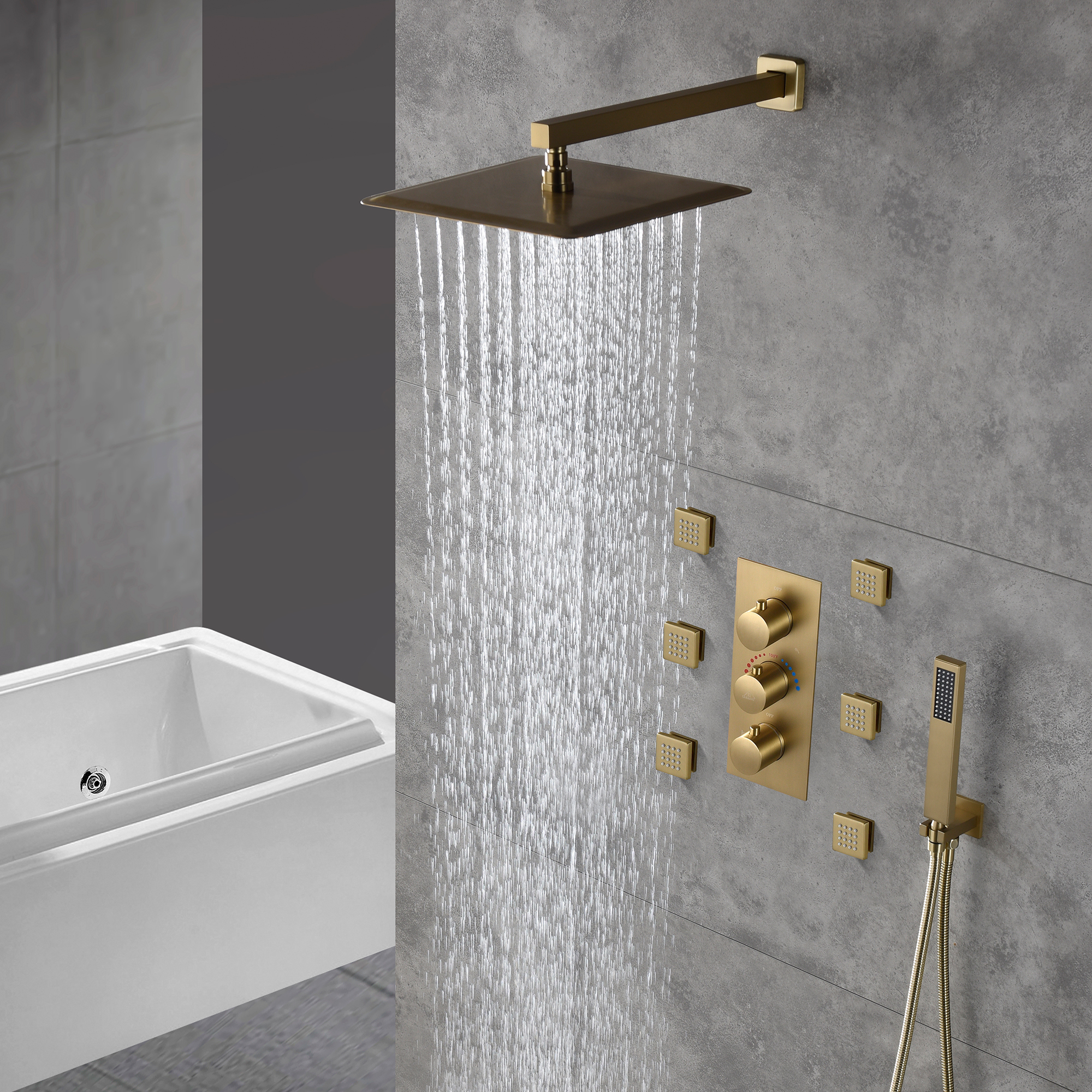 12" Thermostatic Complete Shower System with Rough-in Valve & 6 Body Jets