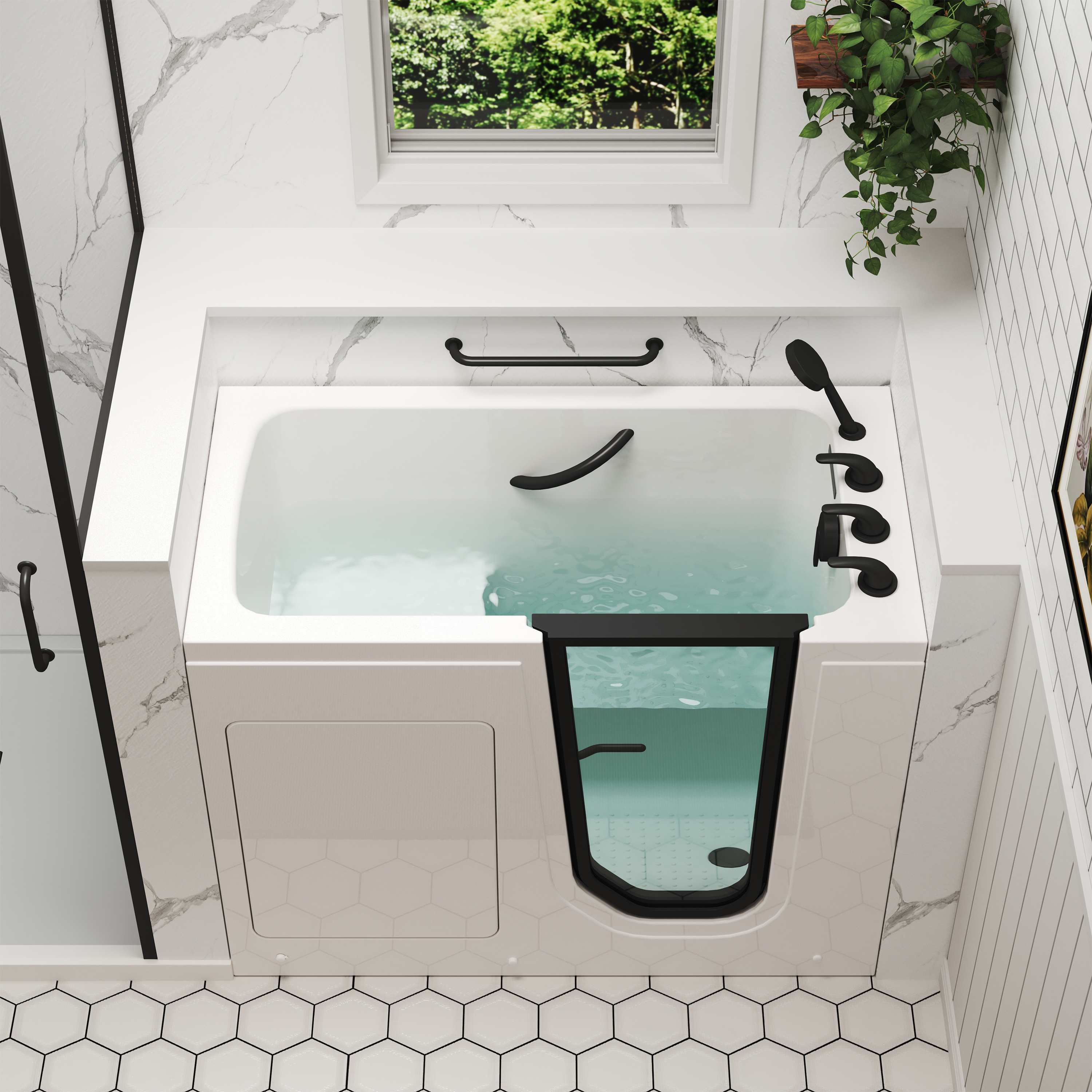 49" Glossy White Acrylic Walk-In Soaking Bathtub with High-Flow Faucet