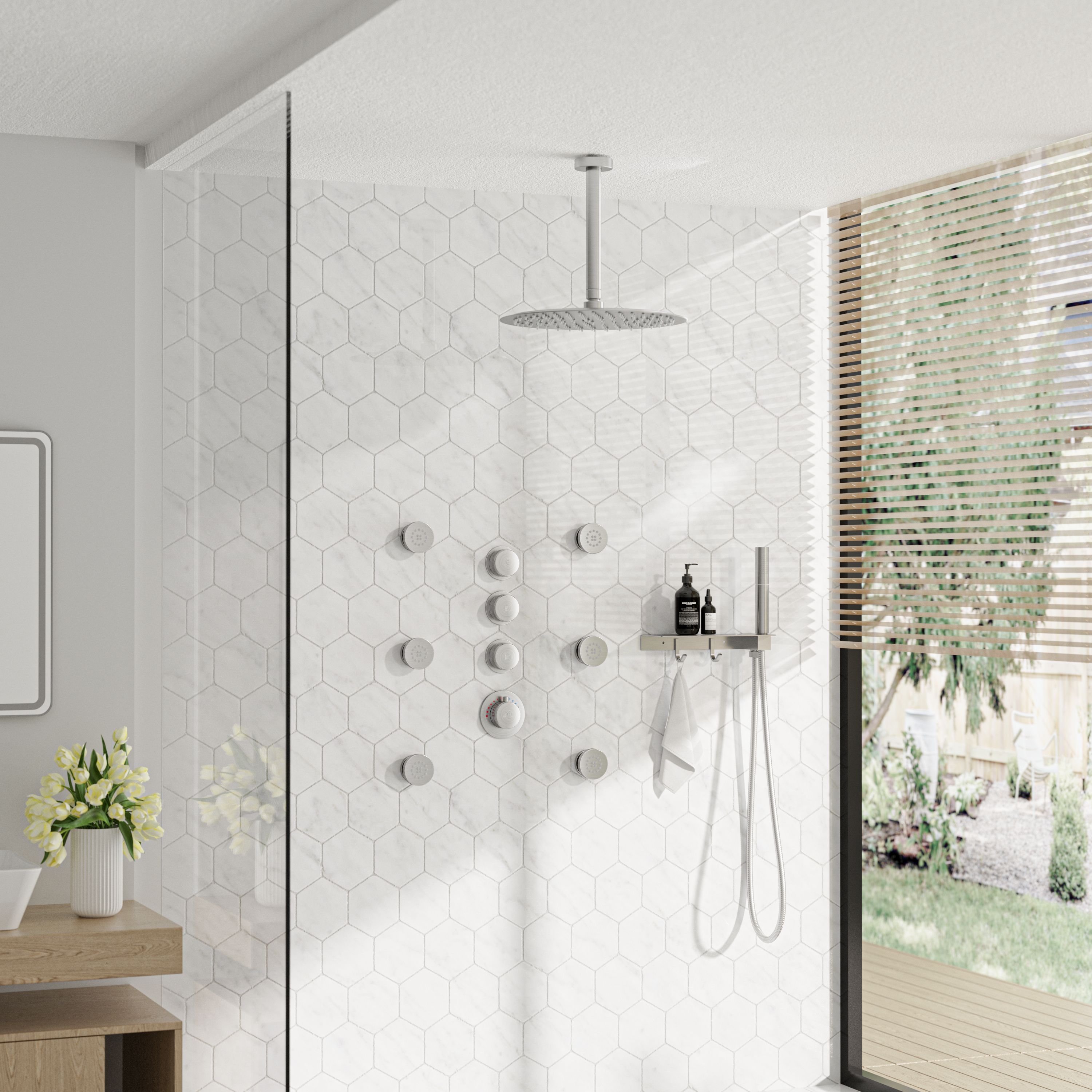 12" Shower System With Shelf, Handheld Shower With Spray Gun Feature