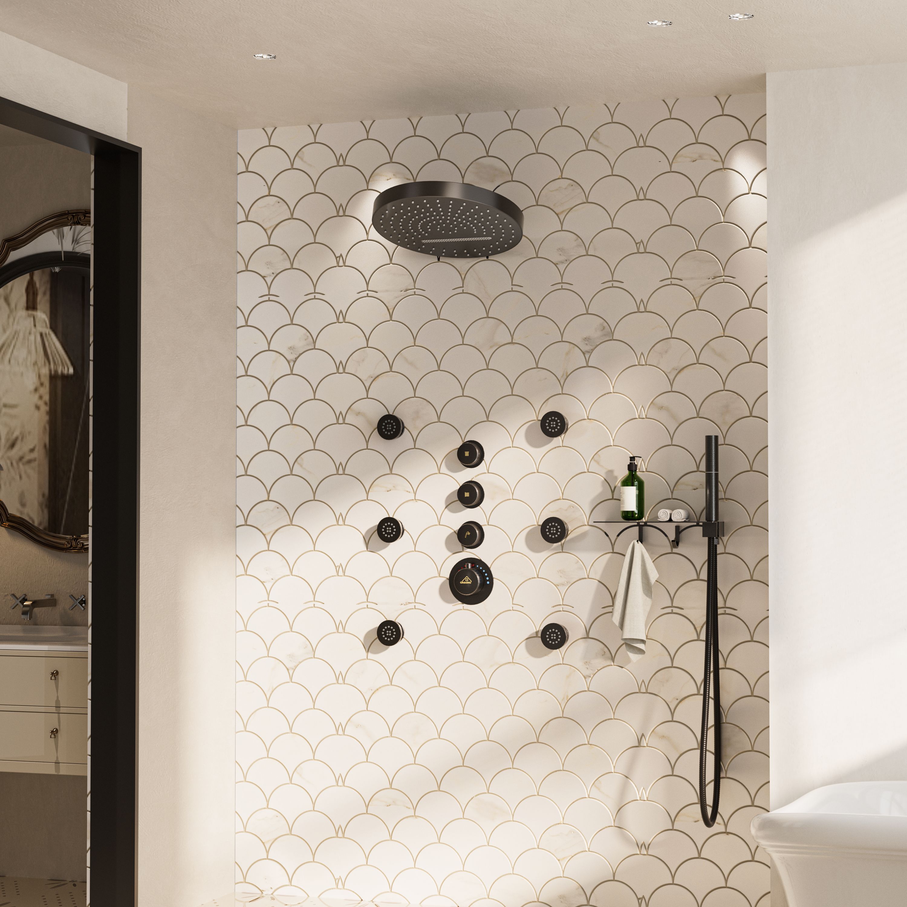 12" Adjustable Shower Head With Shelf Shower System, Hand Shower With Spray Gun Function