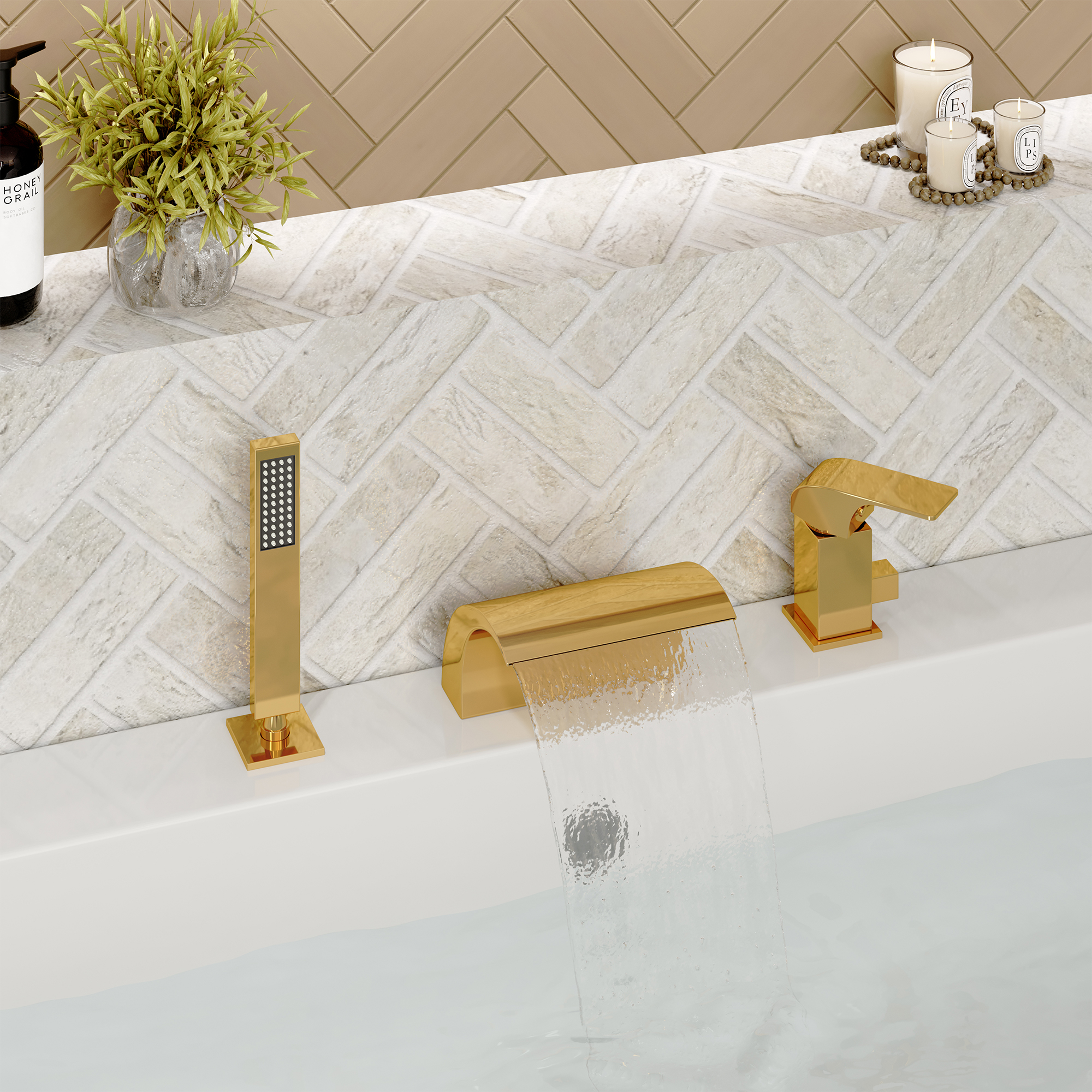 Waterfall Tub Faucet with Handheld Shower Head for Bathtub