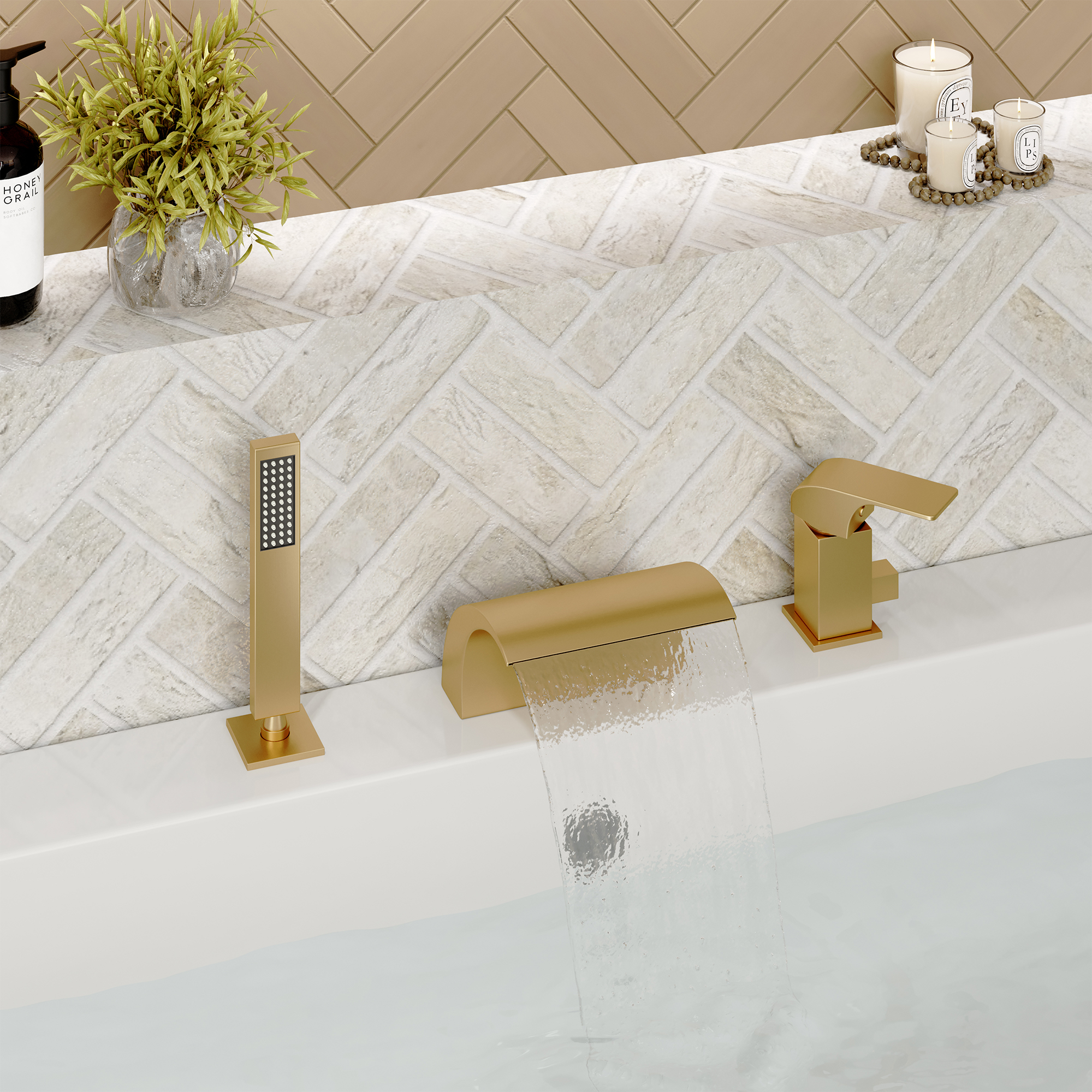 Waterfall Tub Faucet with Handheld Shower Head for Bathtub