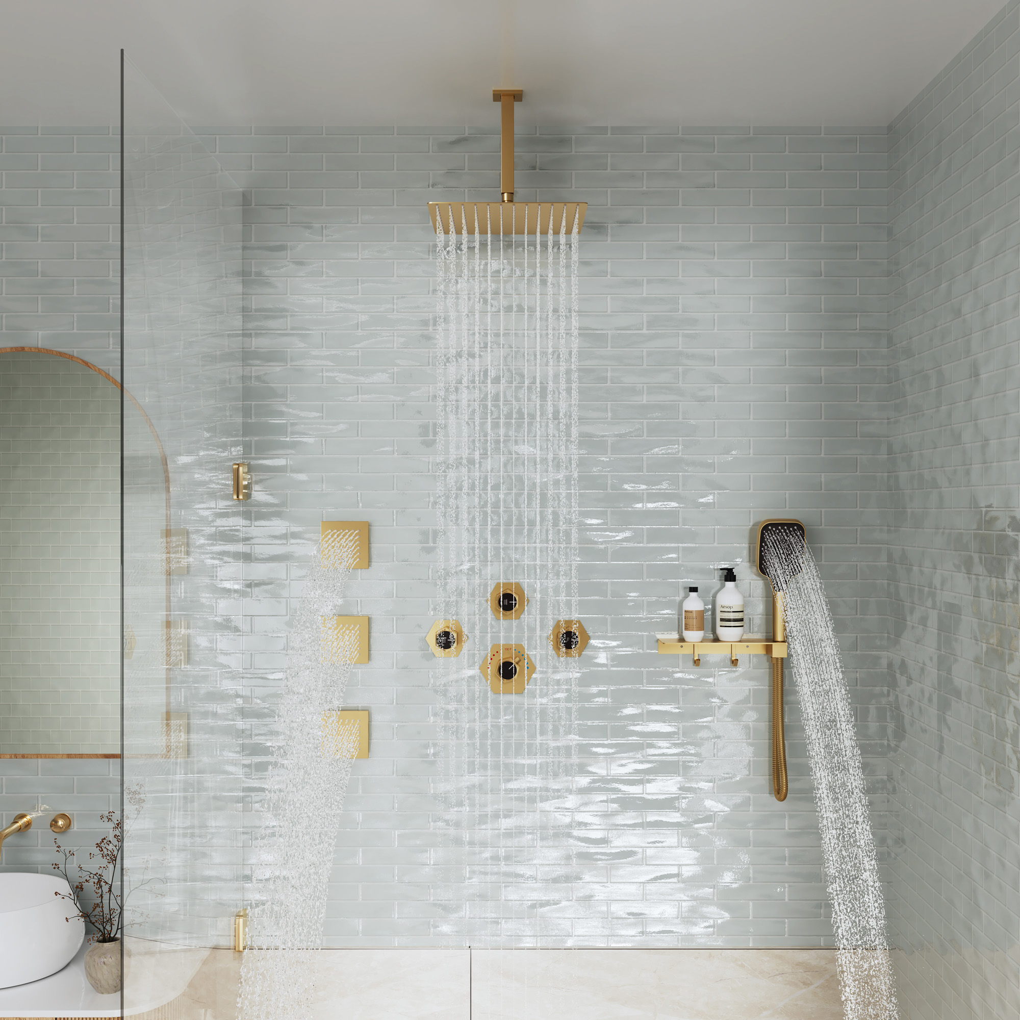 Ceiling Mount 3 Function Thermostatic Shower System with Rainfall Massage Jets